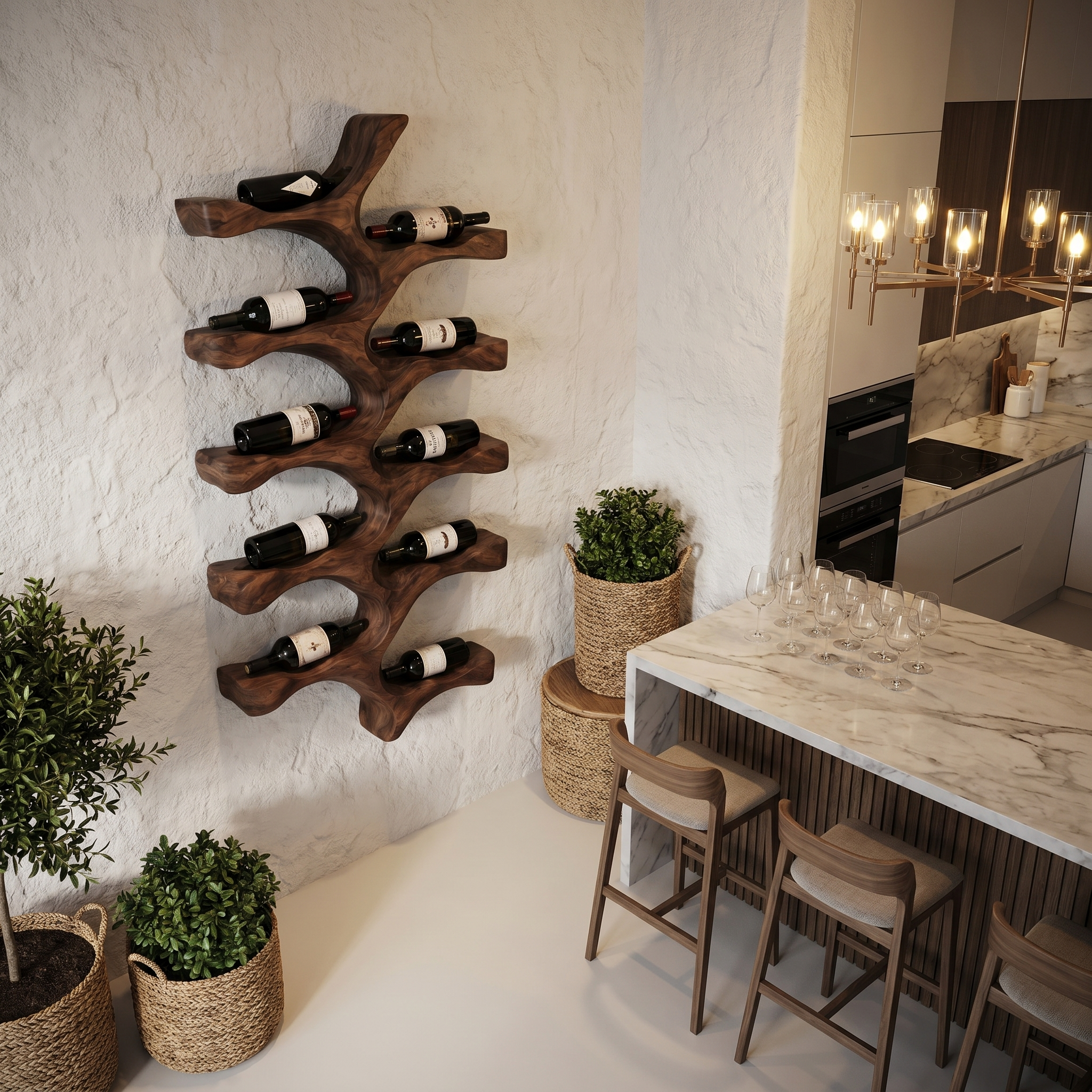 Organic Wall Mounted Wine Rack With Tree Branch Bottle Holders For Kitchen