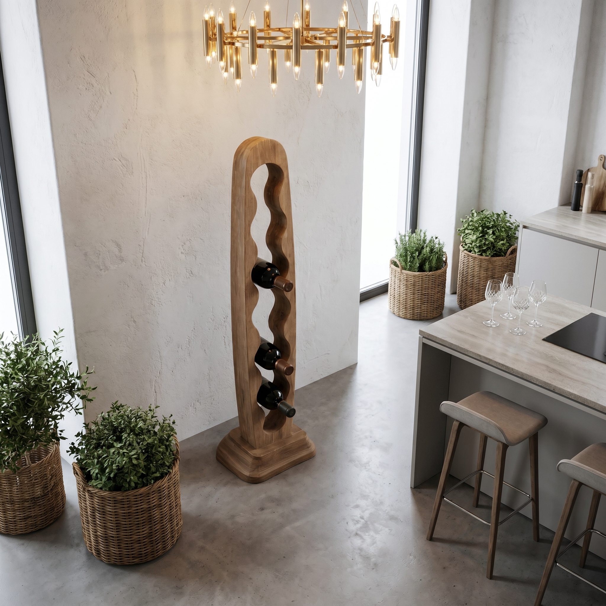 Modern Freestanding Wine Rack With Sculptural Vertical Bottle Storage For Kitchen