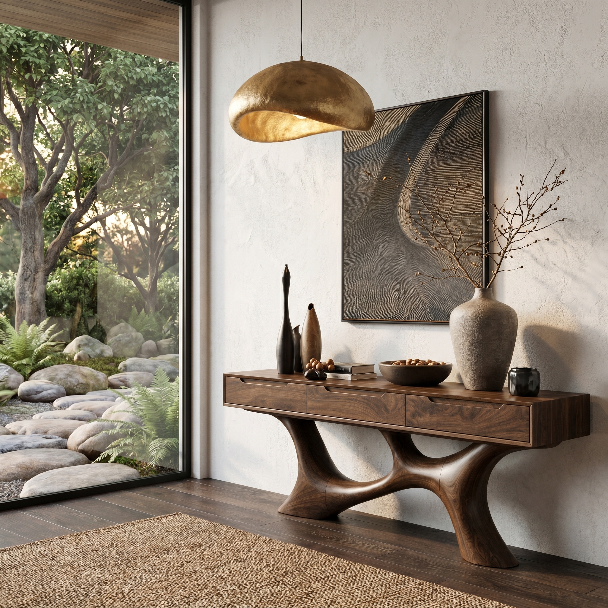 Modern Console Table With Built In Storage Cabinet And Sculptural Curved Wood Base For Entryway And Living Room