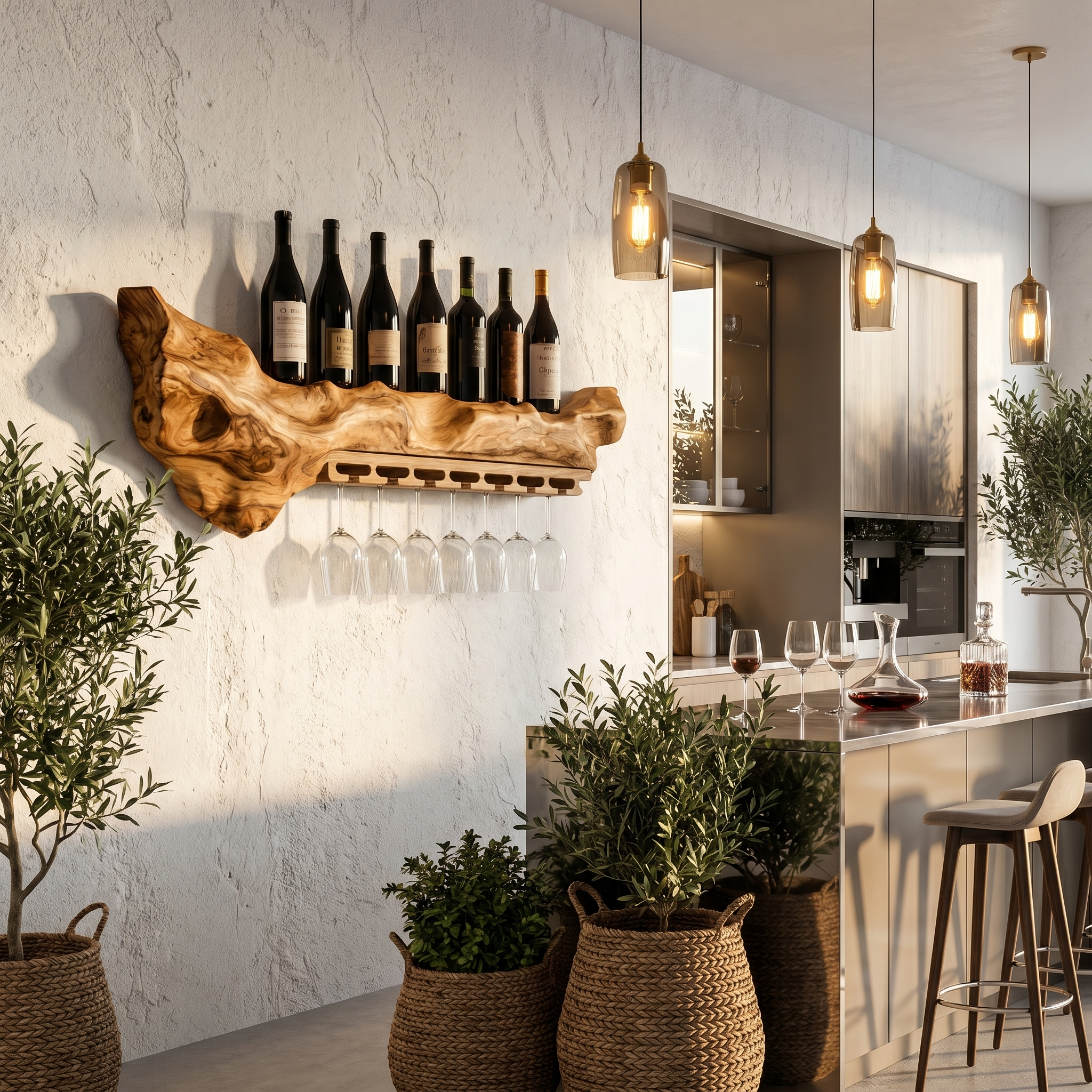 Rustic Live Edge Wall Mounted Wine Rack With Glass Holder And Bottle Storage For Kitchen And Dining Room