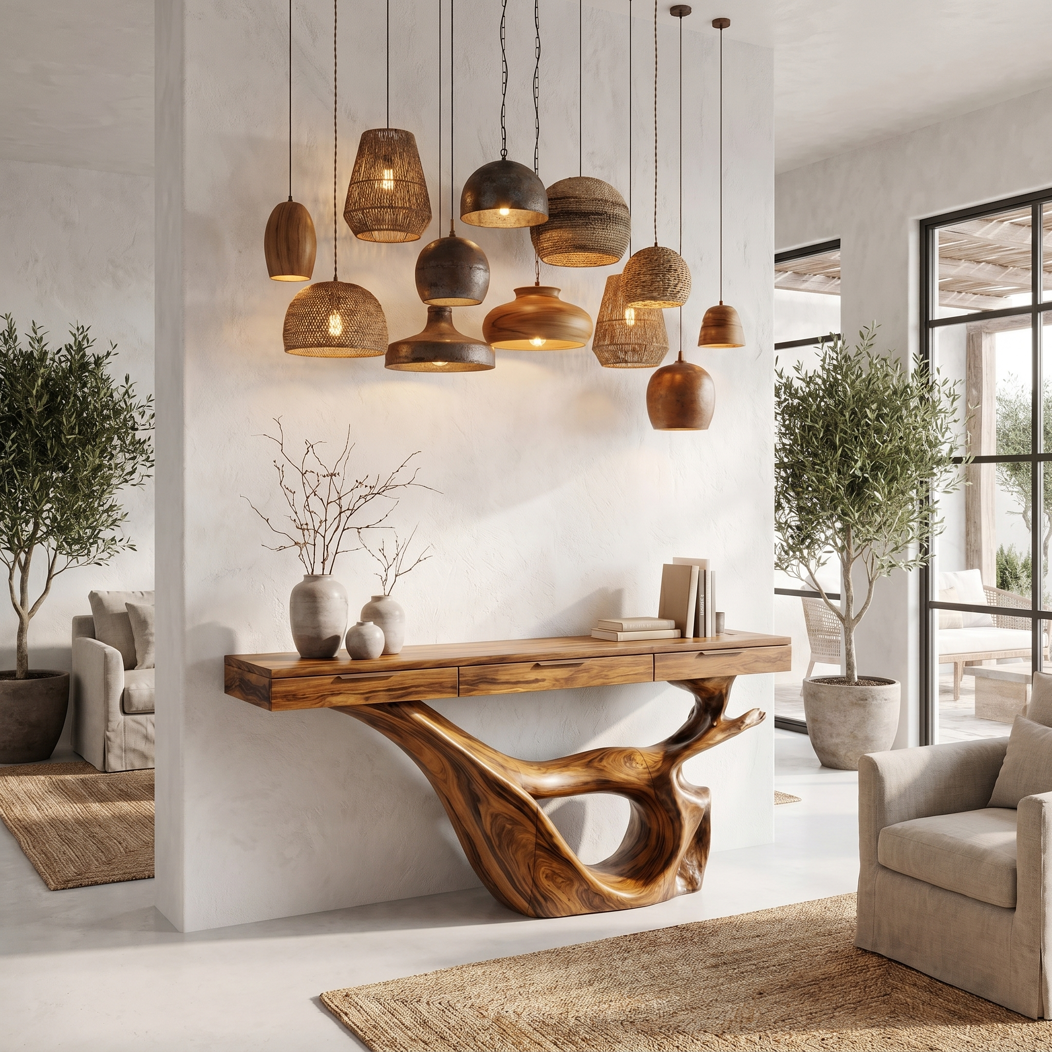 Minimal Console Table With Sculptural Curved Loop Wood Base And Solid Wood Top For Entryway And Living Room
