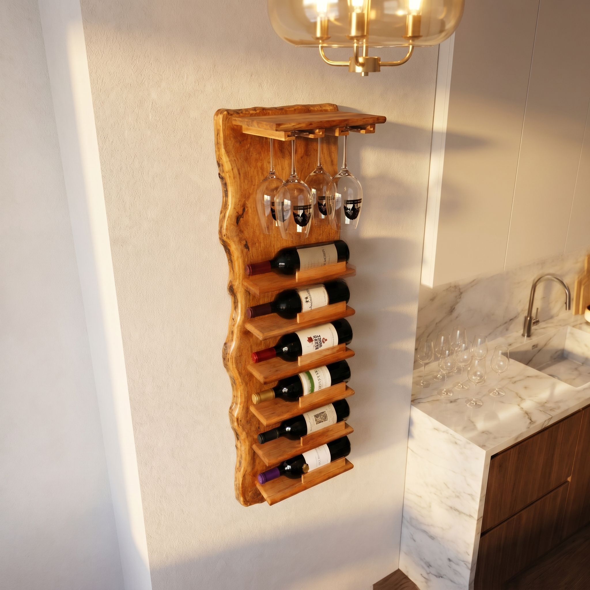 Live Edge Wall Mounted Wine Rack With Glass Holder And Vertical Bottle Storage For Kitchen And Dining Room