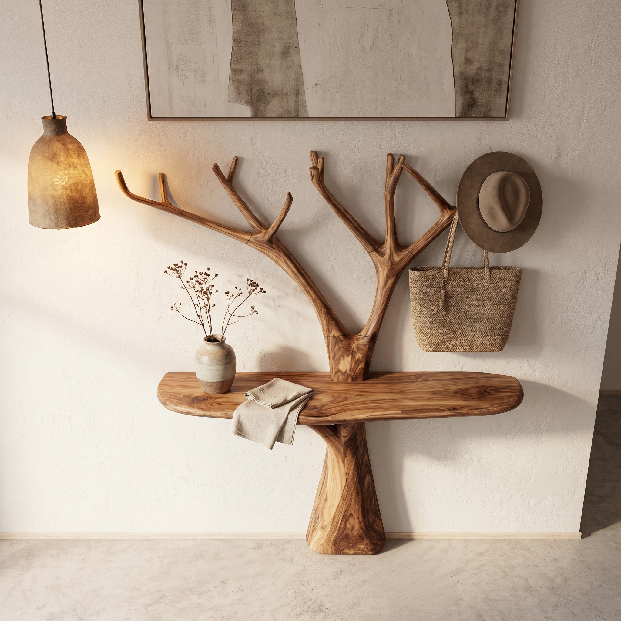 Rustic Organic Console Table With Tree Branch Wood Base For Living Room