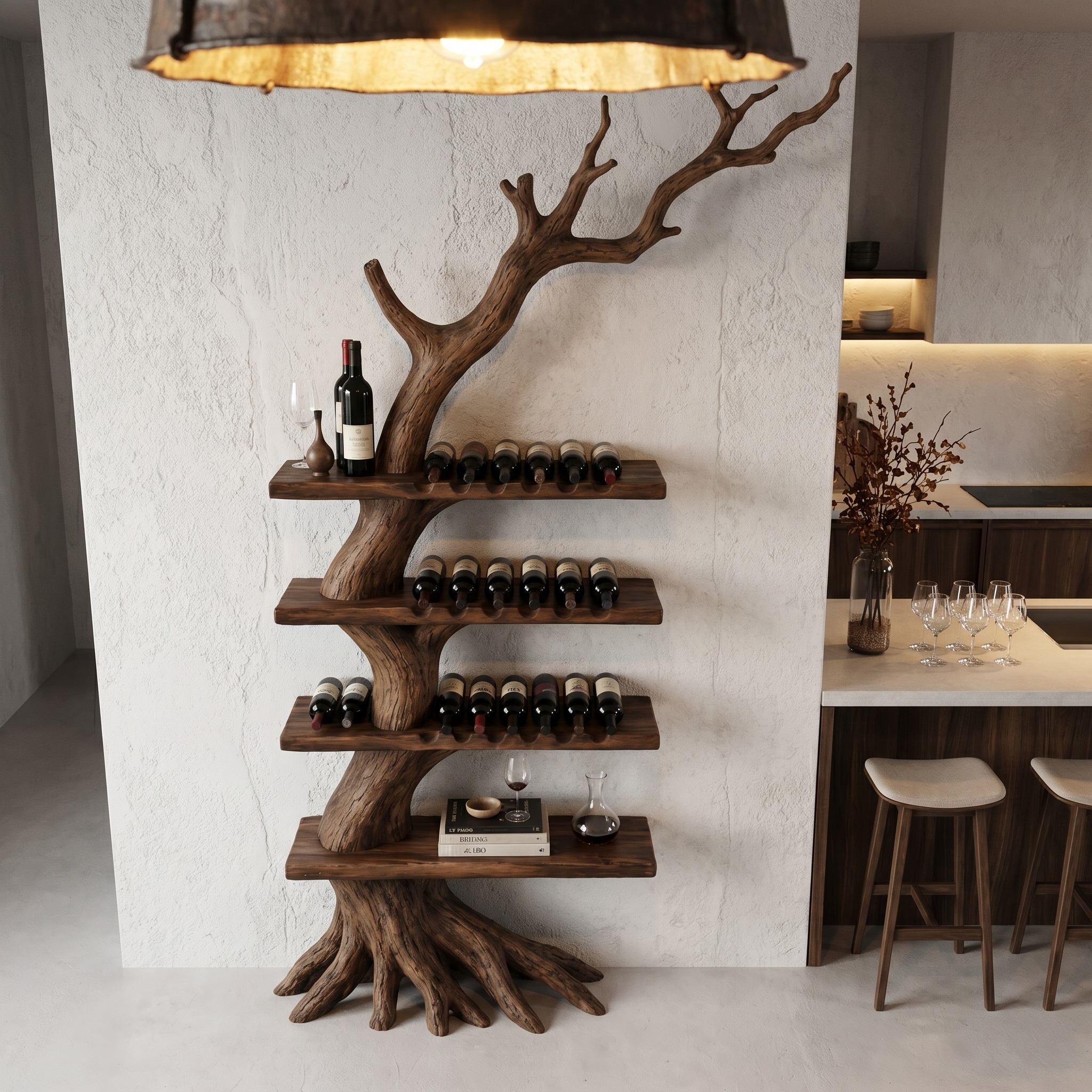 Rustic Tree Wine Rack With Solid Wood Shelves And Branch Inspired Wall Mounted Design For Dining Room