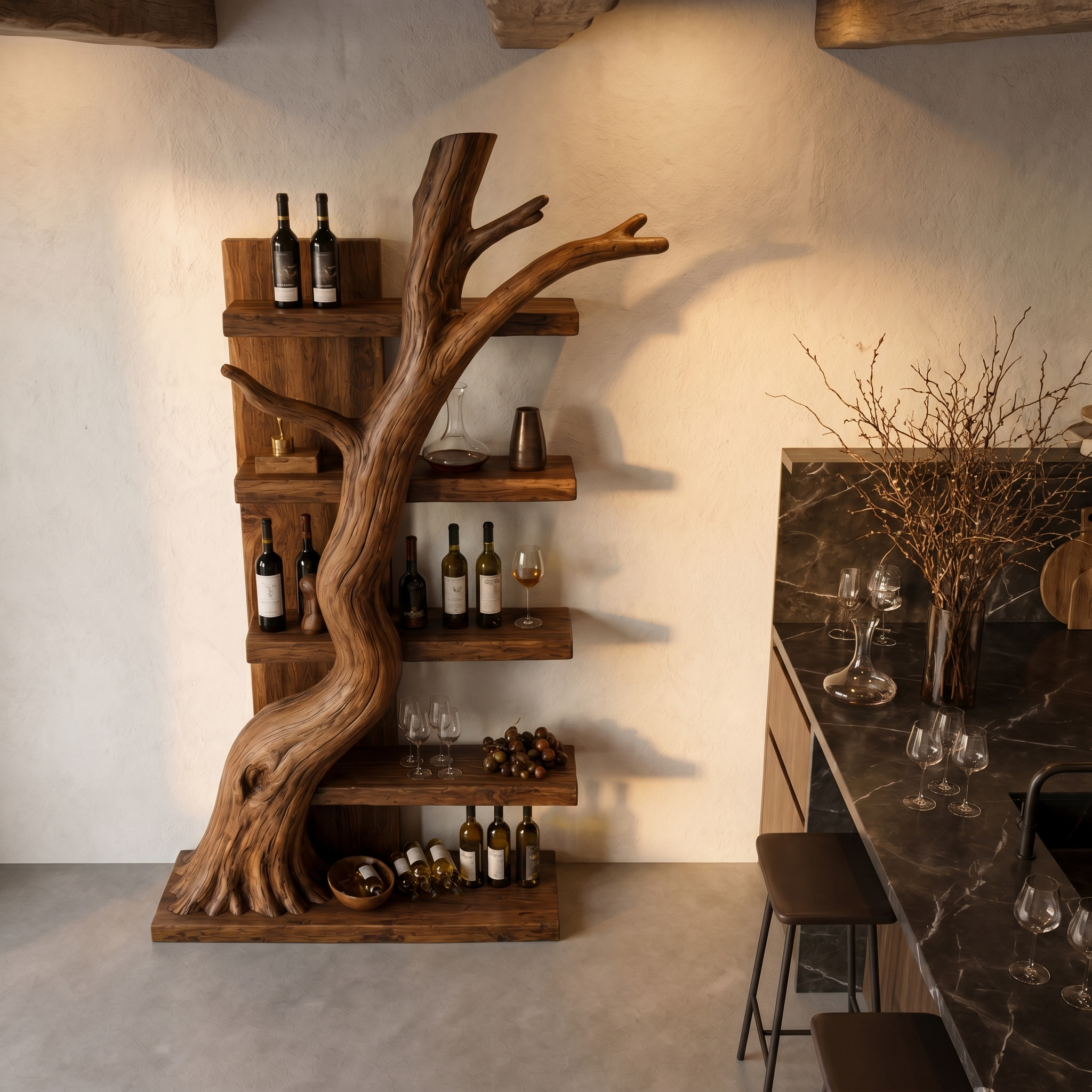 Rustic Tree Wine Rack With Solid Wood Shelves And Sculptural Root Base For Home Bar