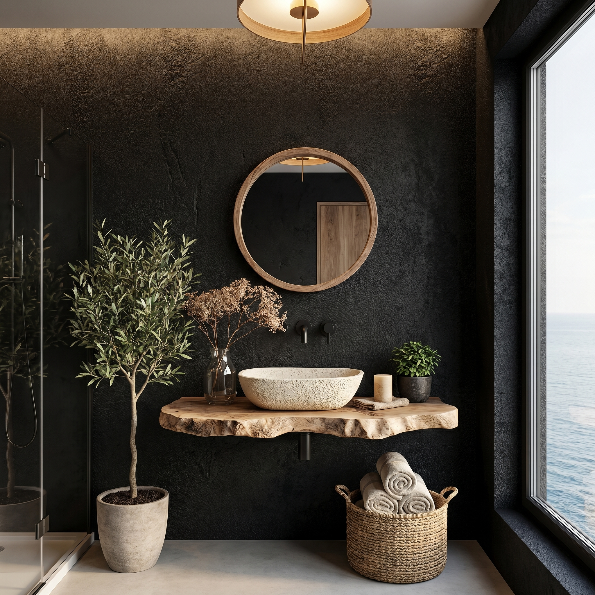 Rustic Floating Bathroom Vanity With Live Edge Wood Shelf For Bathroom And Powder Room
