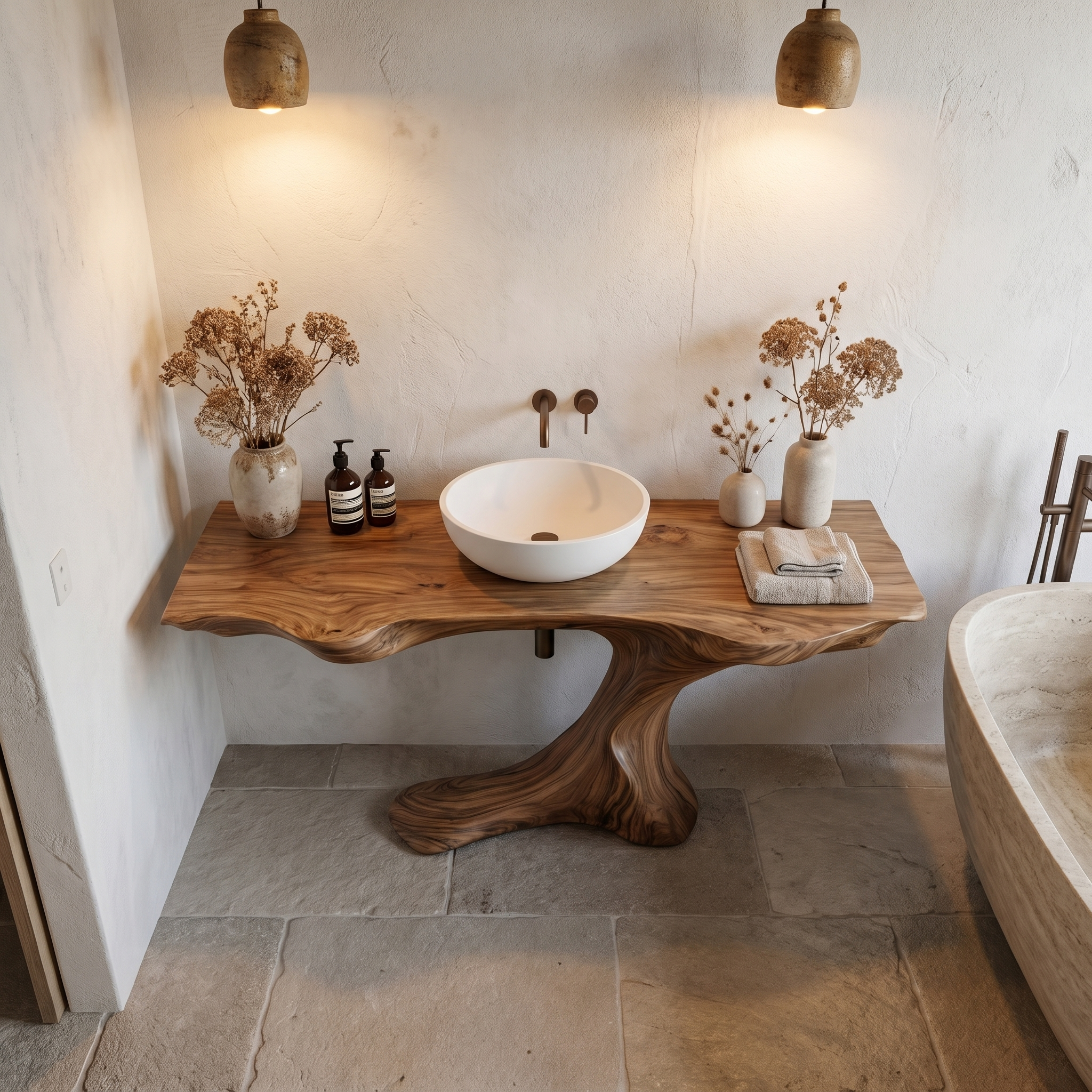 Rustic Organic Bathroom Vanity With Live Edge Countertop And Sculptural Tree Root Base