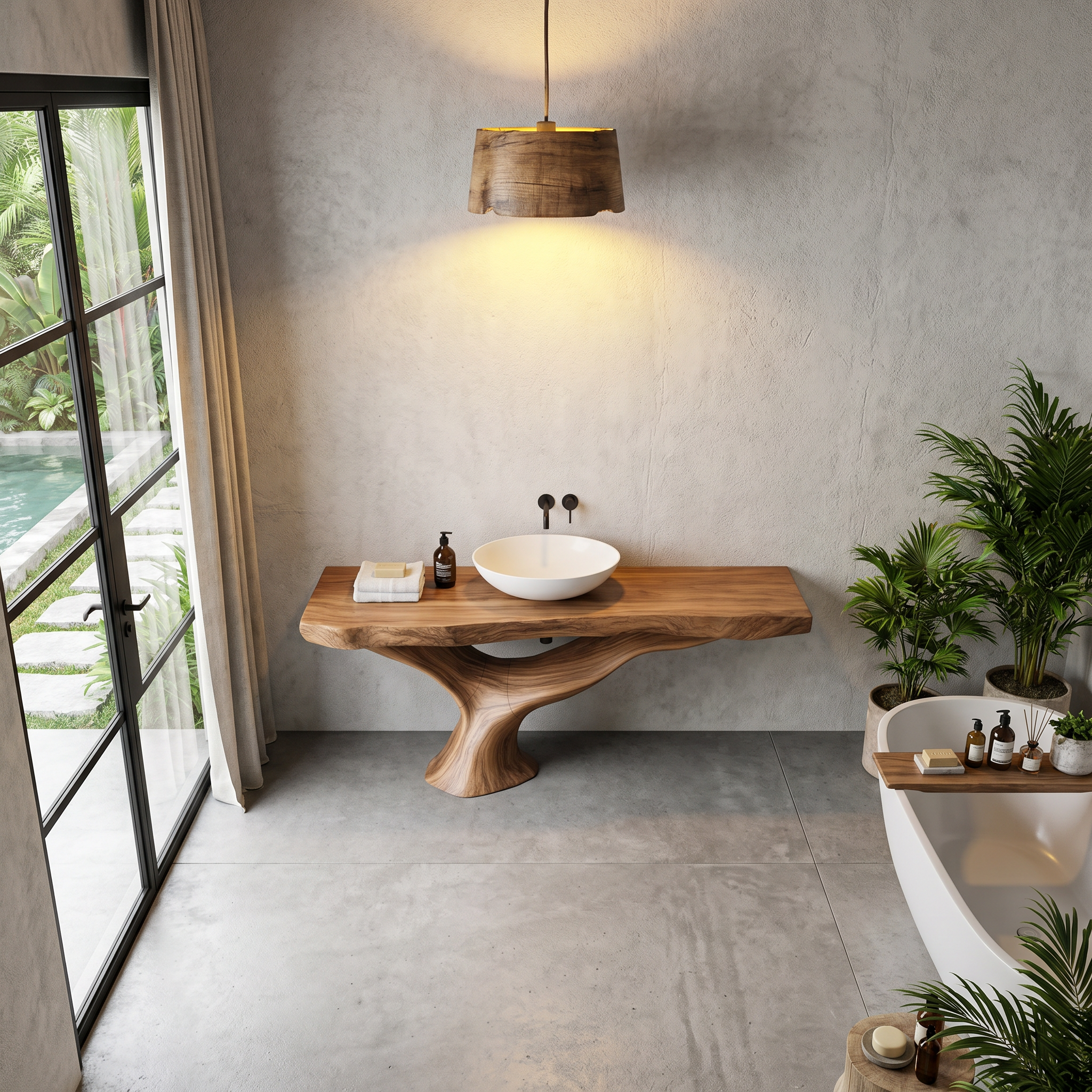 Contemporary Bathroom Vanity With Organic Wood Countertop And Artistic Base For Bathroom