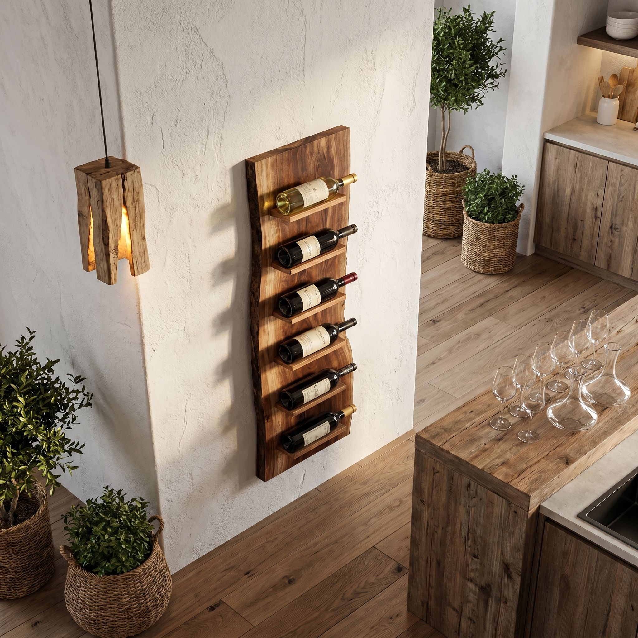 Organic Wall Mounted Wine Rack With Natural Wood Design For Kitchen