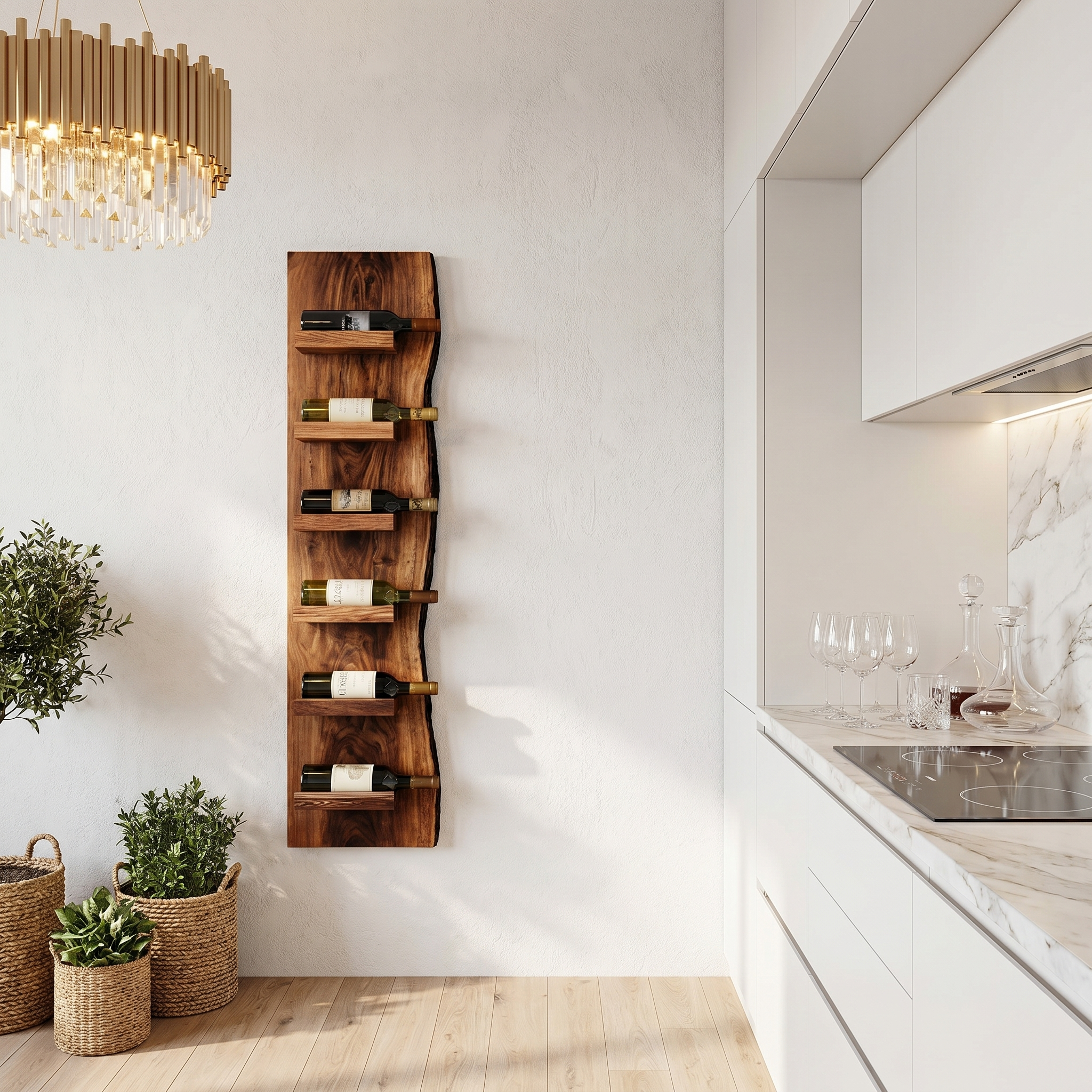 Rustic Wall Mounted Wine Rack With Vertical Wooden Storage Shelves For Kitchen And Dining Room