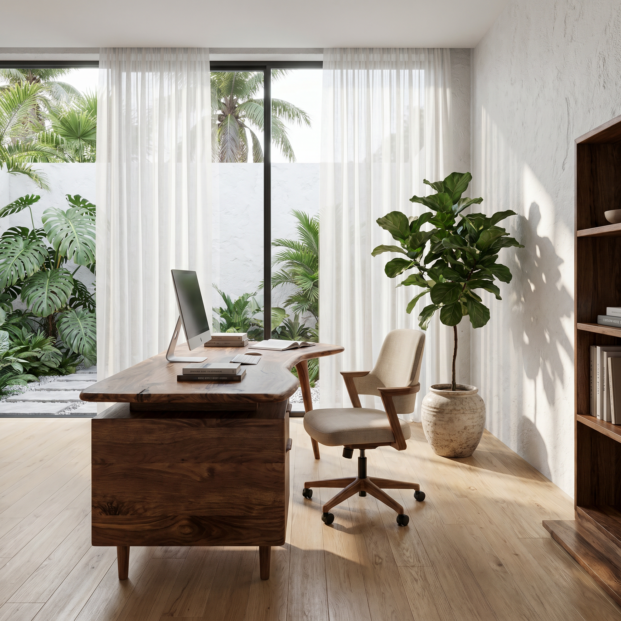 Organic Wooden Desk With Integrated Side Shelves And Built In Drawer Storage For Home Office And Workspace
