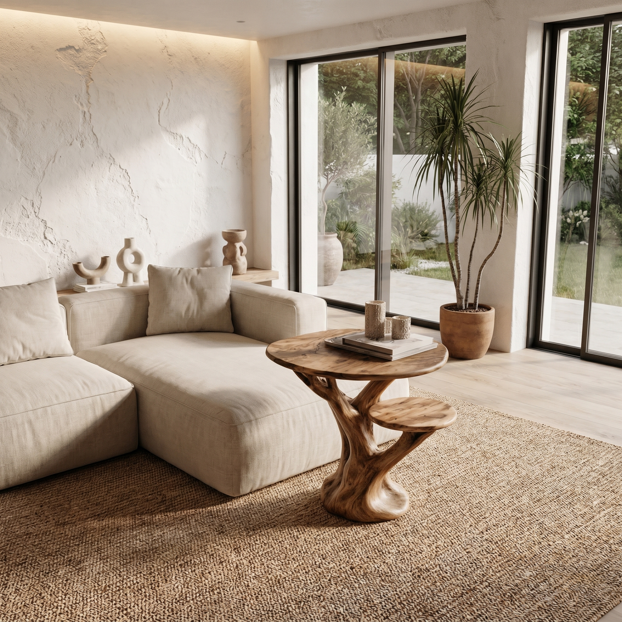 Organic Sculptural Side Table With Tree Inspired Solid Wood Base For Living Room And Bedroom