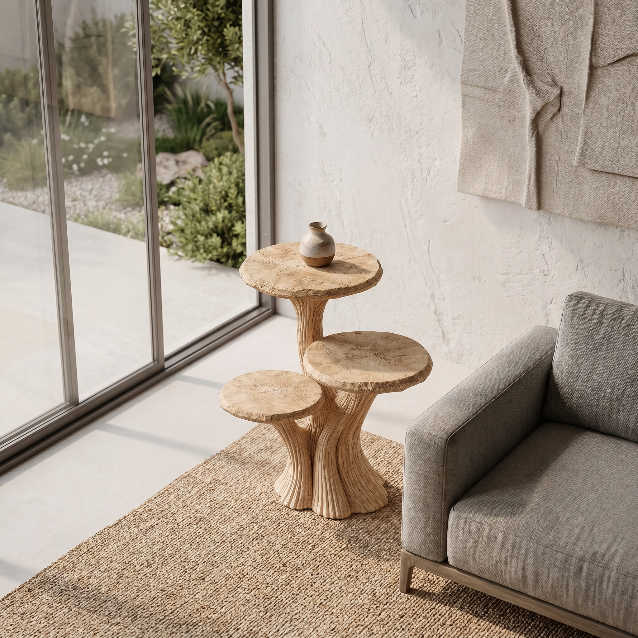 Contemporary Tiered Side Table With Sculptural Solid Wood Design For Living Room And Bedroom