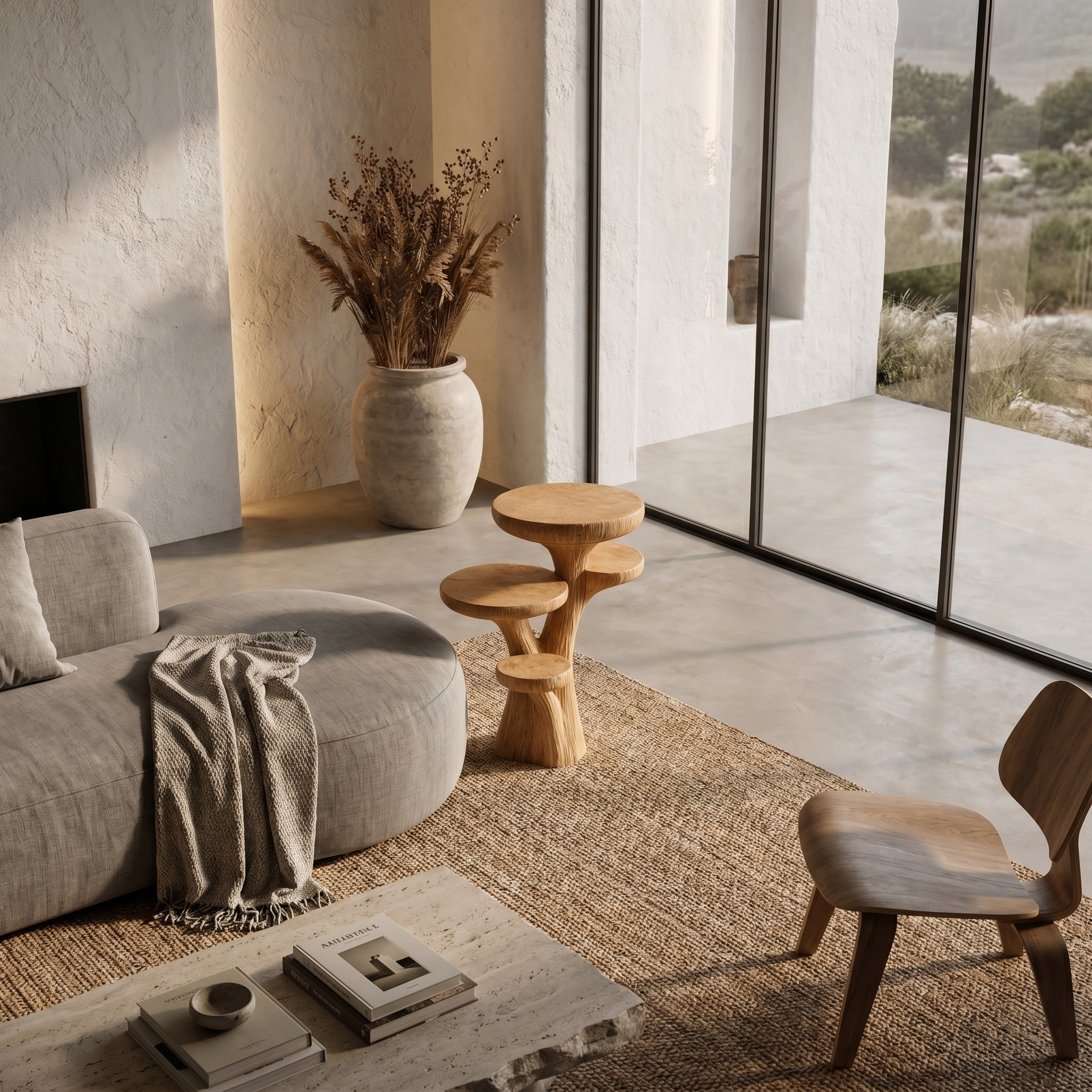 Rustic Sculptural Side Table With Handcrafted Solid Wood Pedestal Base For Living Room And Bedroom