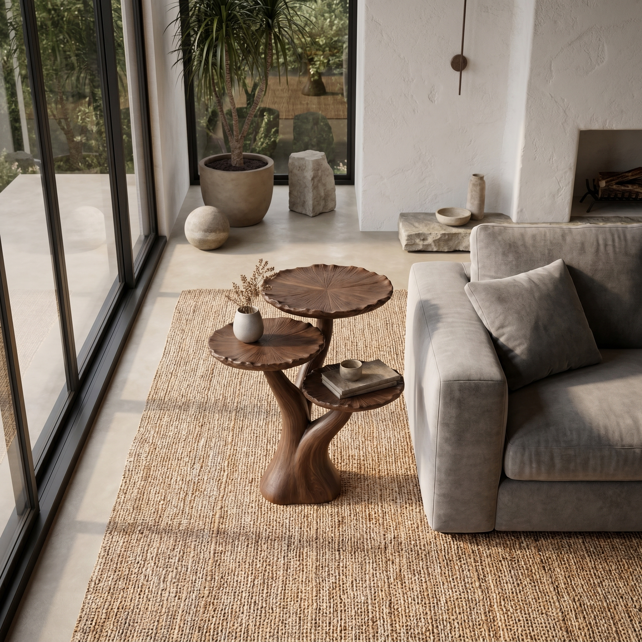 Organic Sculptural Side Table With Multi Tier Solid Wood Shelves For Living Room And Bedroom