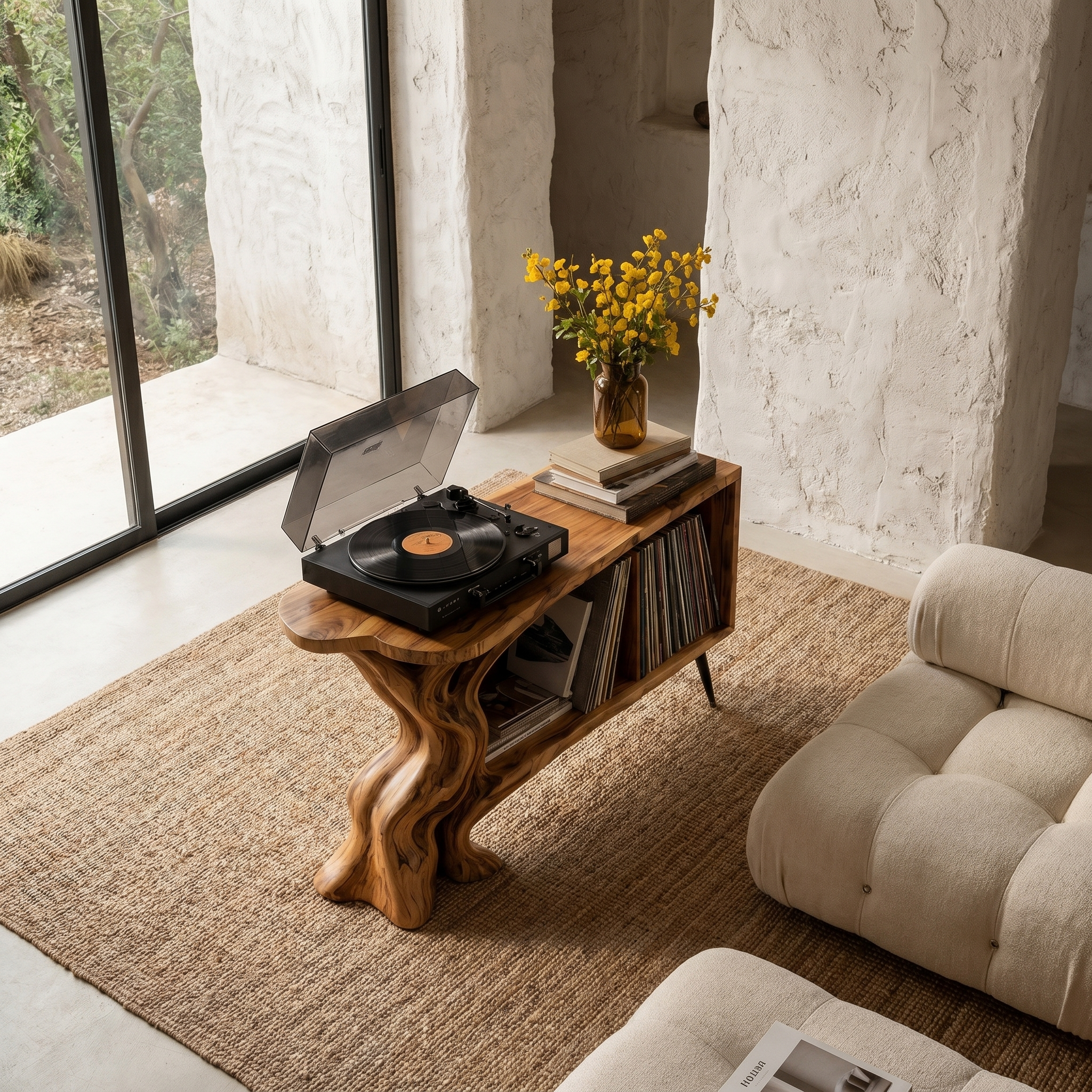 Organic Record Player Stand With Sculptural Tree Root Base And Vinyl Storage For Living Room