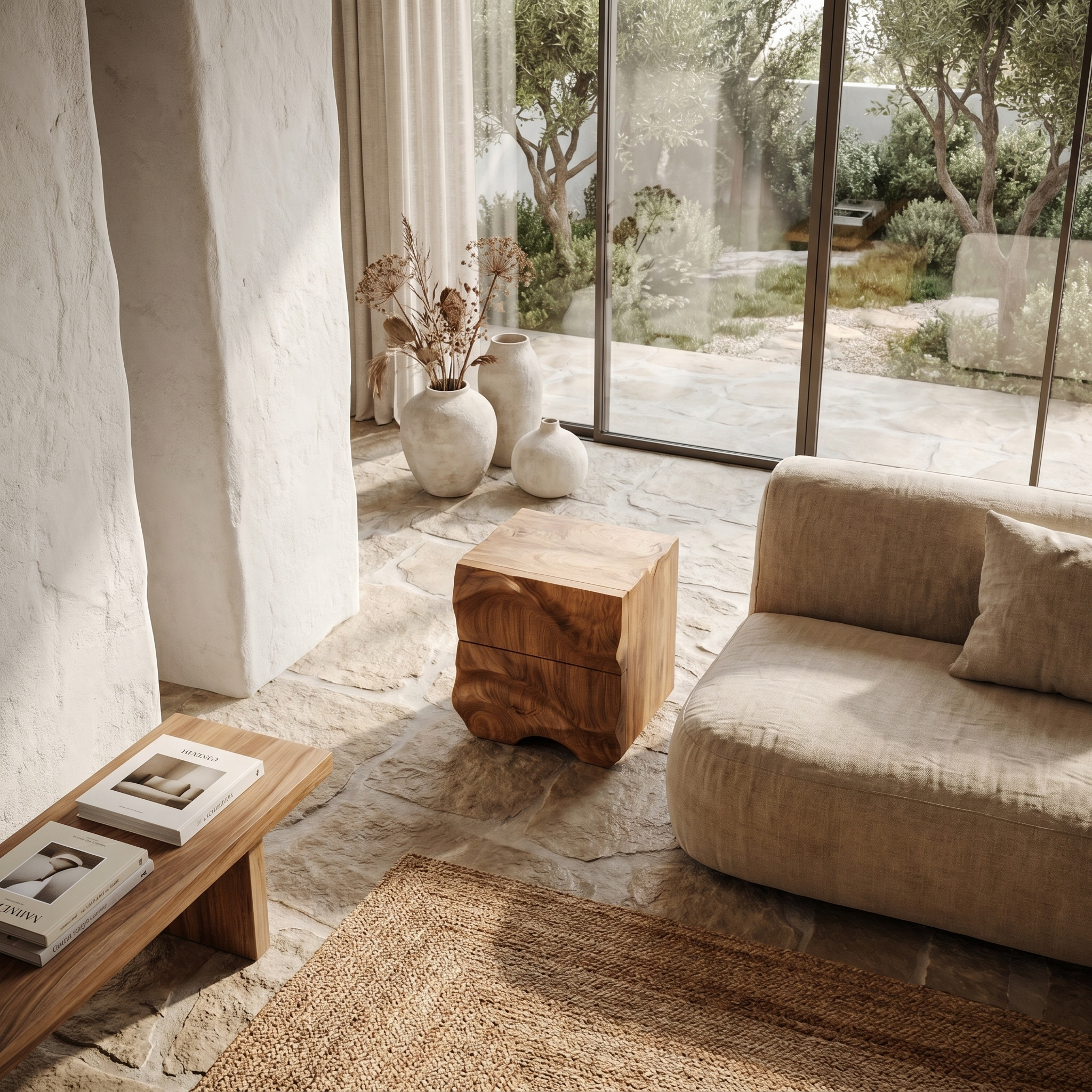 Rustic Sculptural Side Table With Hand Carved Solid Wood Base For Living Room And Bedroom
