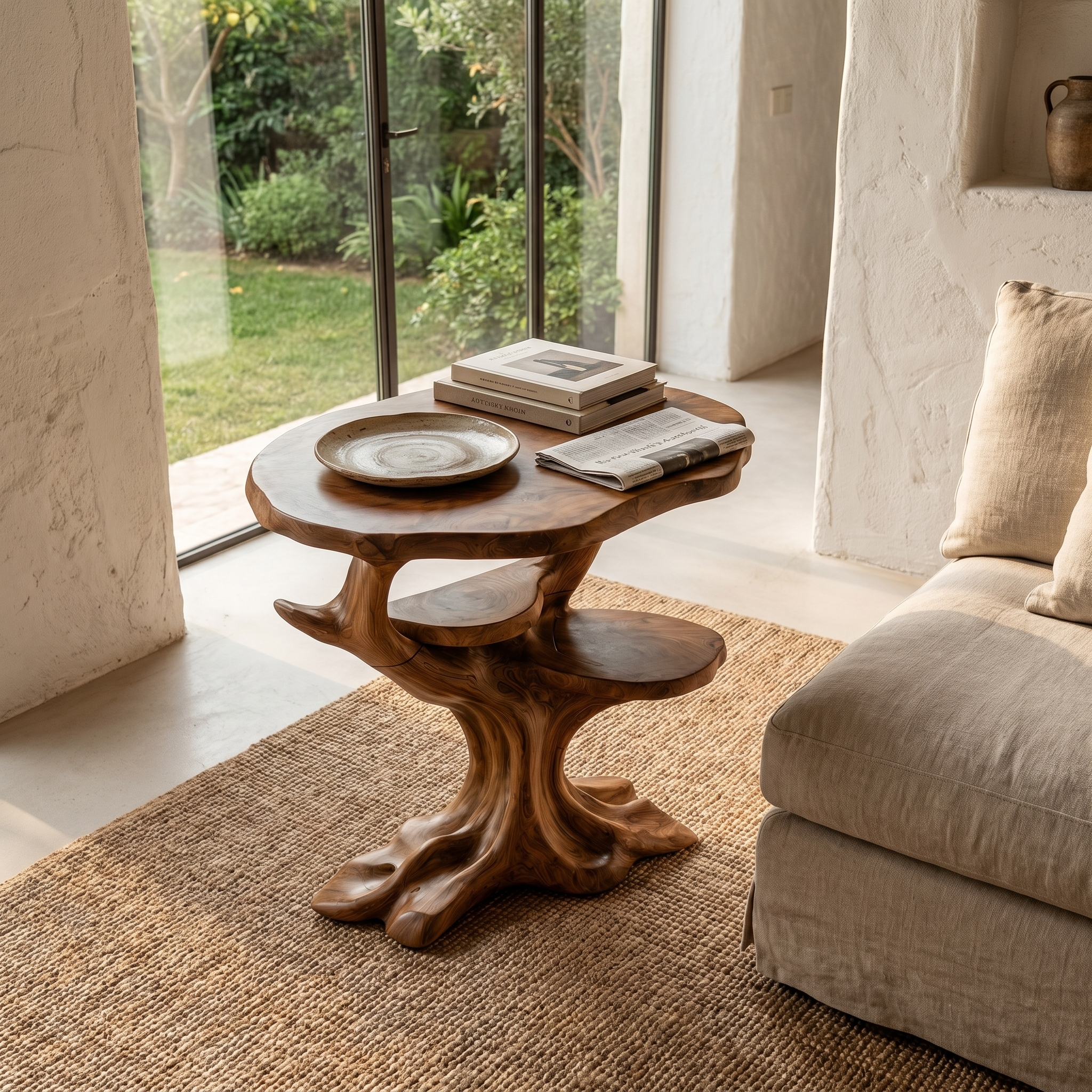 Organic Sculptural Side Table With Multi Tier Solid Wood Shelves For Living Room And Bedroom