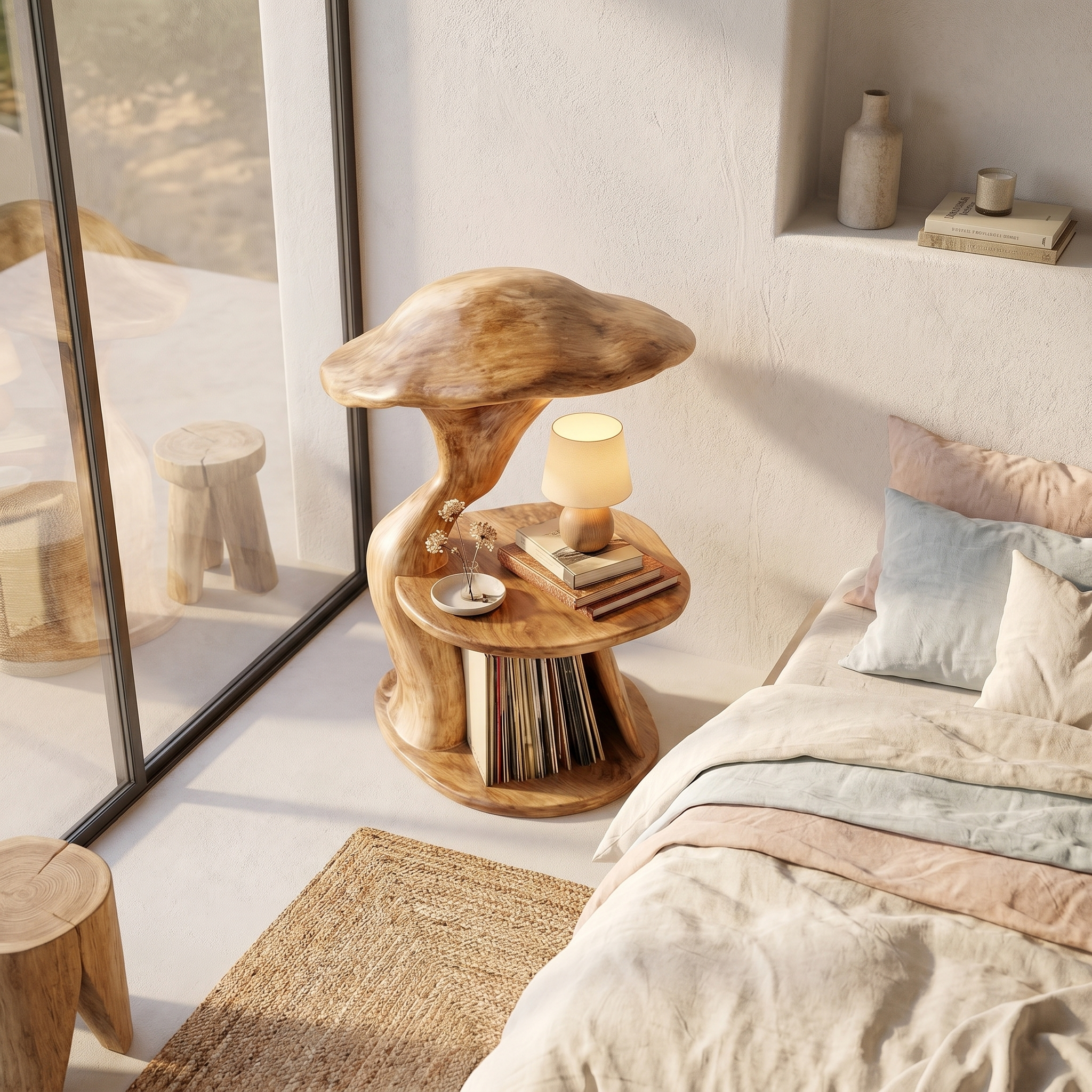 Organic Mushroom Nightstand With Sculptural Solid Wood Design And Vinyl Storage For Bedroom
