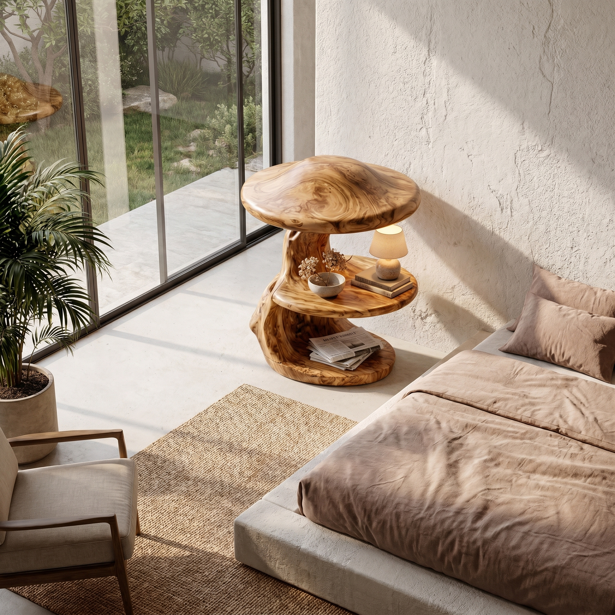 Rustic Mushroom Nightstand With Sculptural Tree Root Base And Built In Drawer For Bedroom
