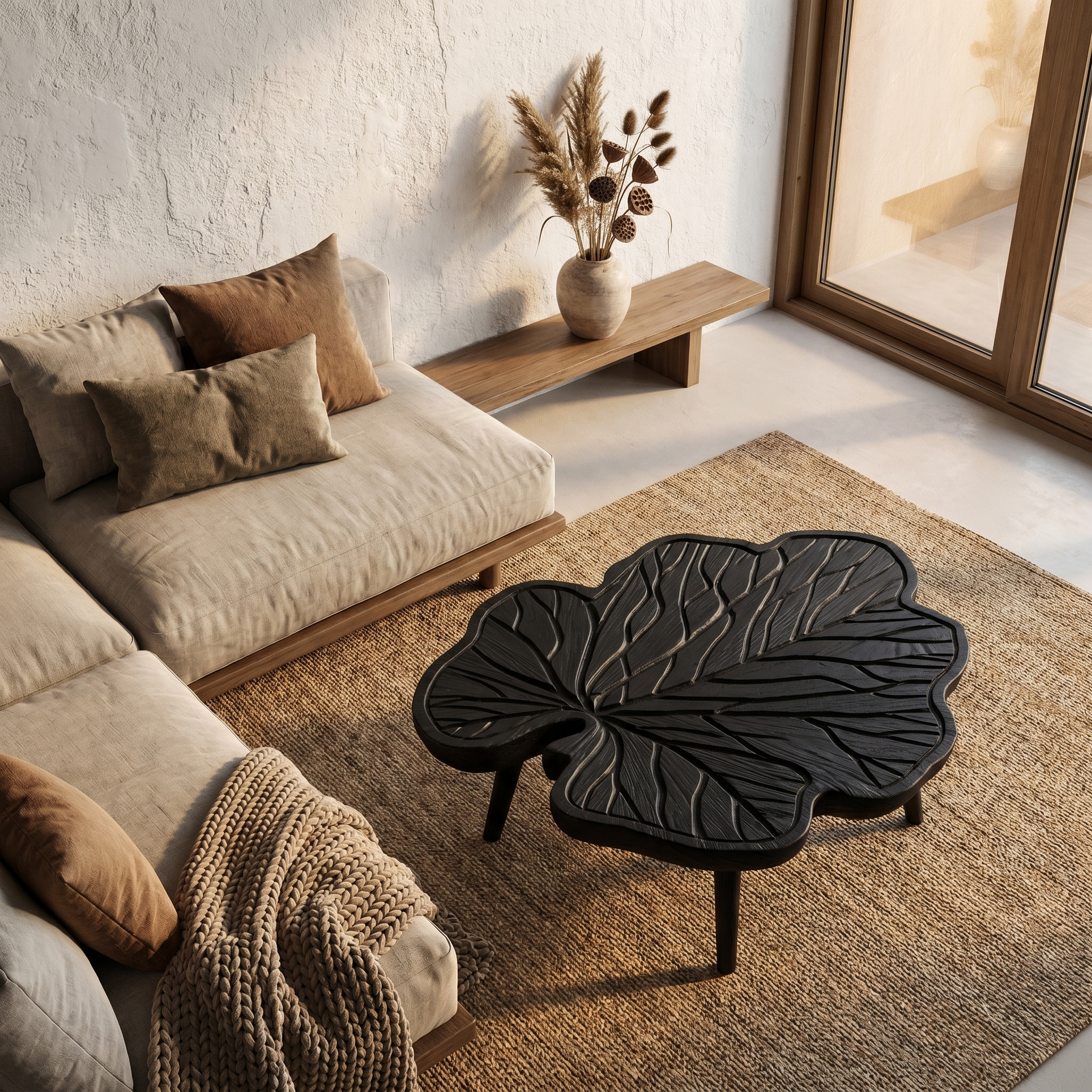 Rustic Leaf Coffee Table With Hand Carved Solid Wood Design For Living Room
