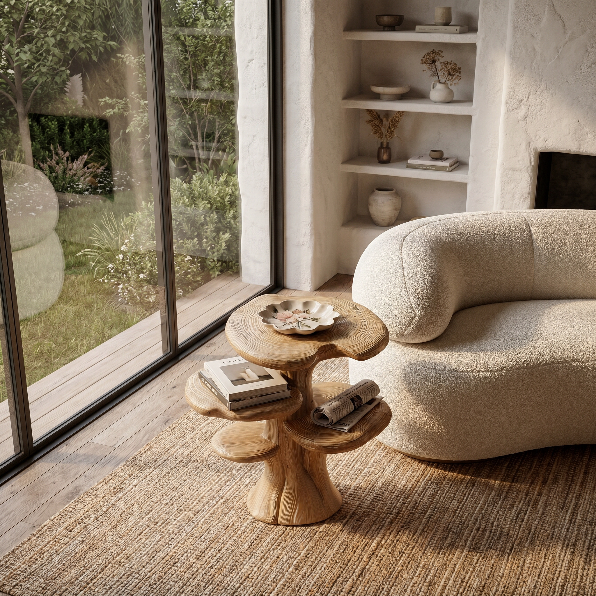 Organic Sculptural Beside Table With Tiered Solid Wood Shelves For Living Room