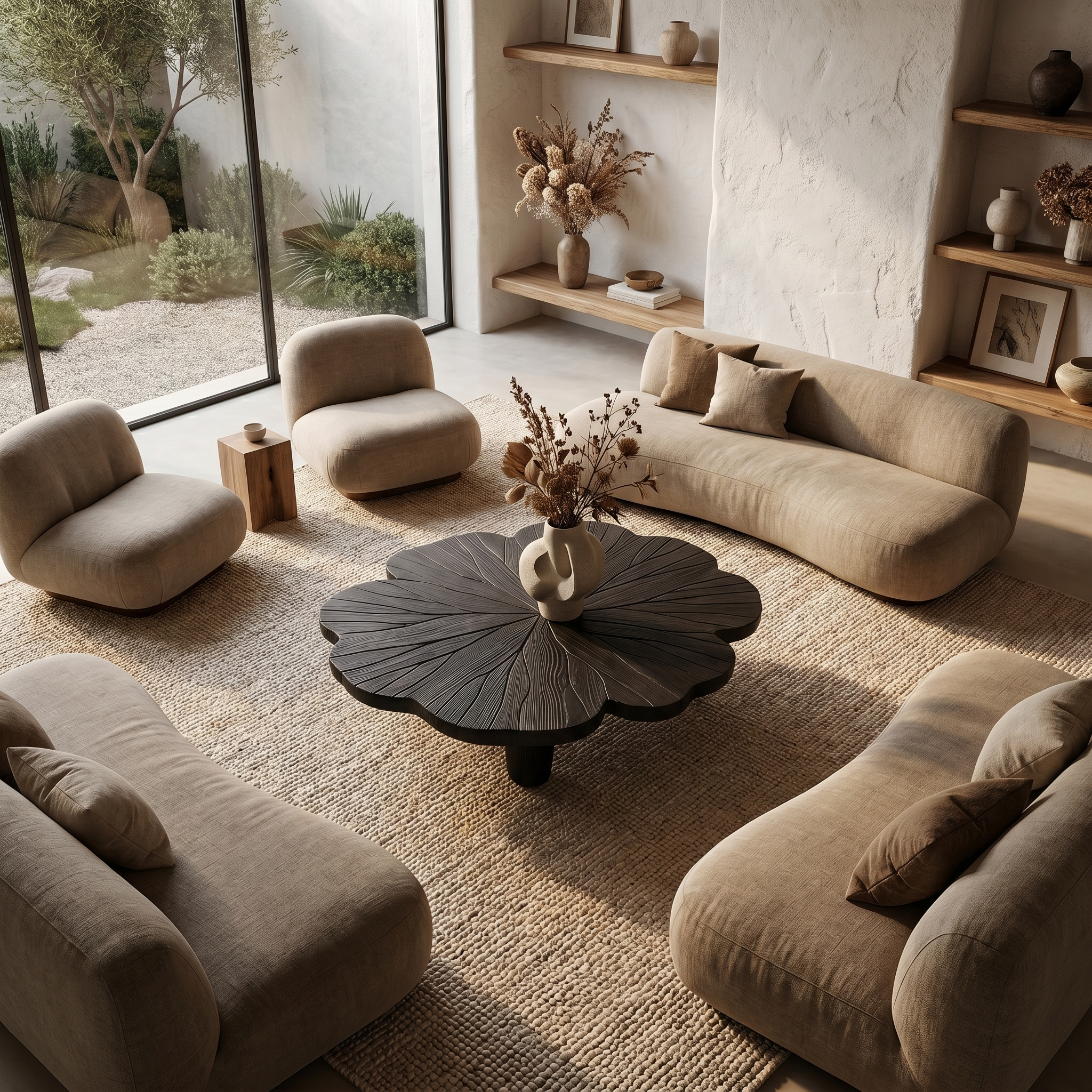 Rustic Clover Coffee Table With Hand Carved Solid Wood Design For Living Room