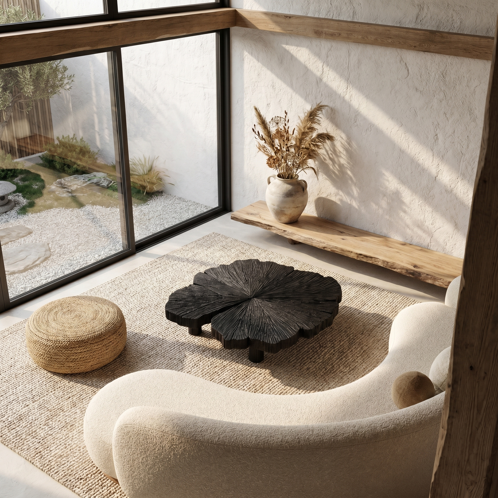 Rustic Coffee Table With Hand Carved Organic Wood Top And Chunky Pedestal Legs For Living Room