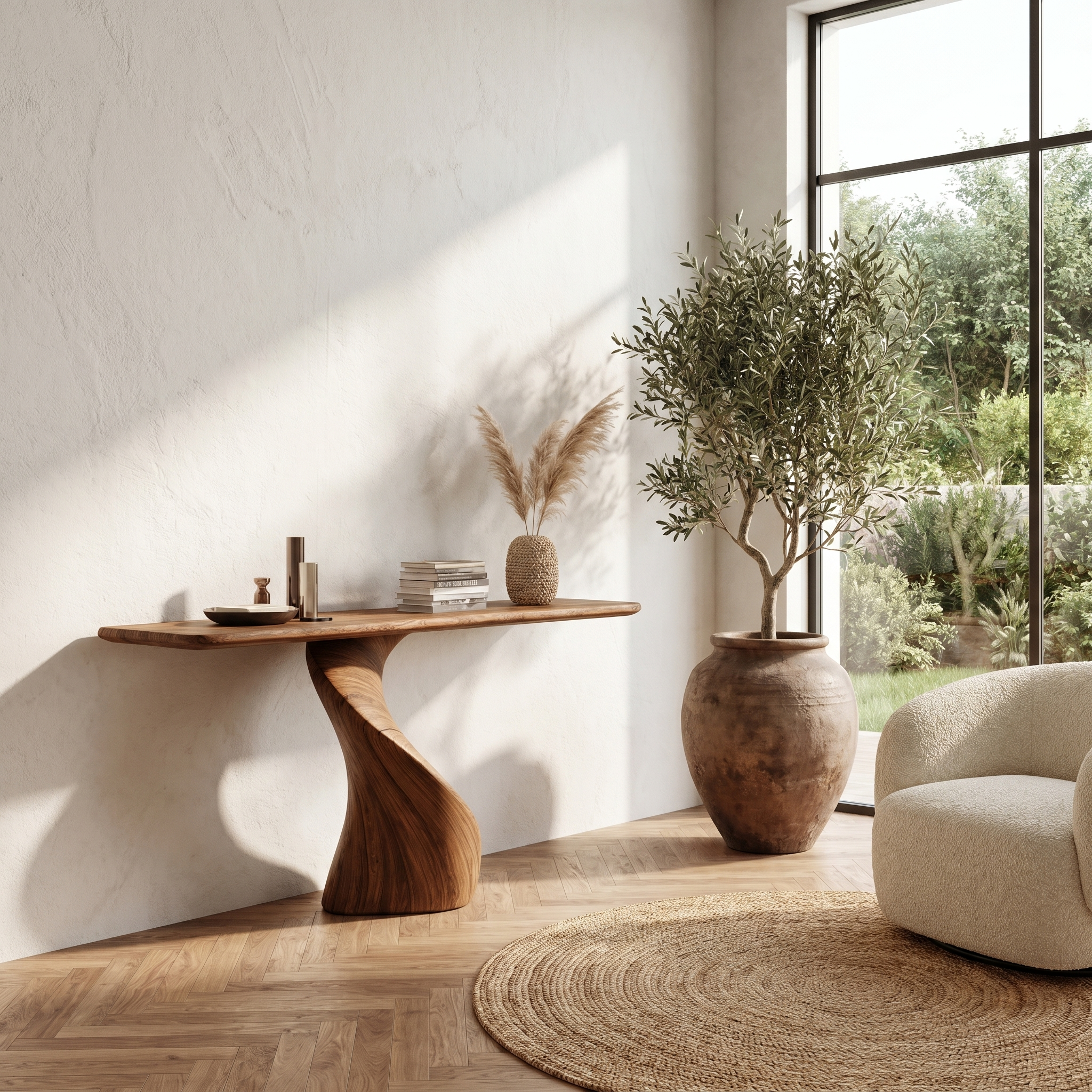 Modern Organic Console Table With Sculptural Twisted Solid Wood Base For Entryway And Living Room