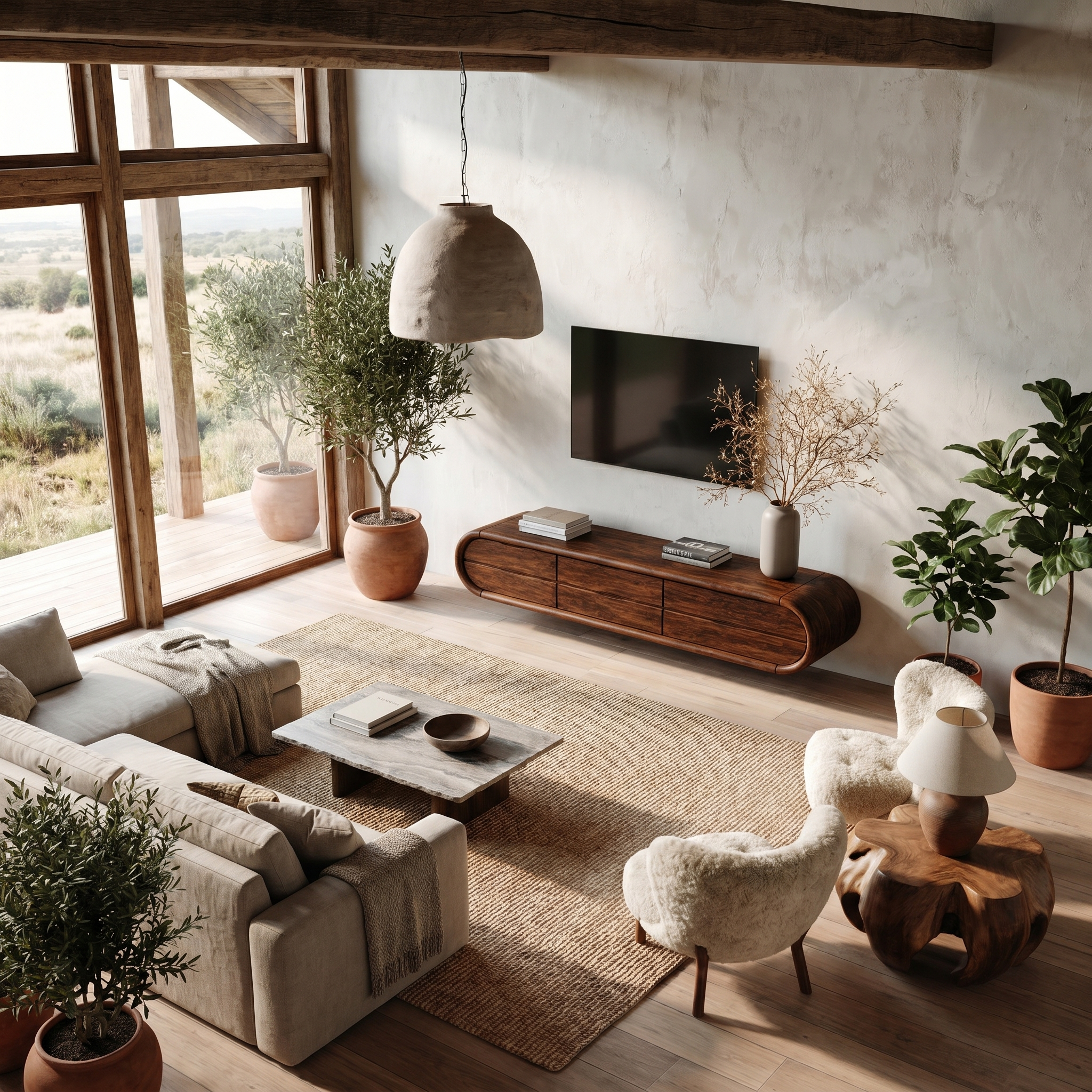 Organic Floating TV Cabinet With Sculptural Curved Wood Frame For Living Room