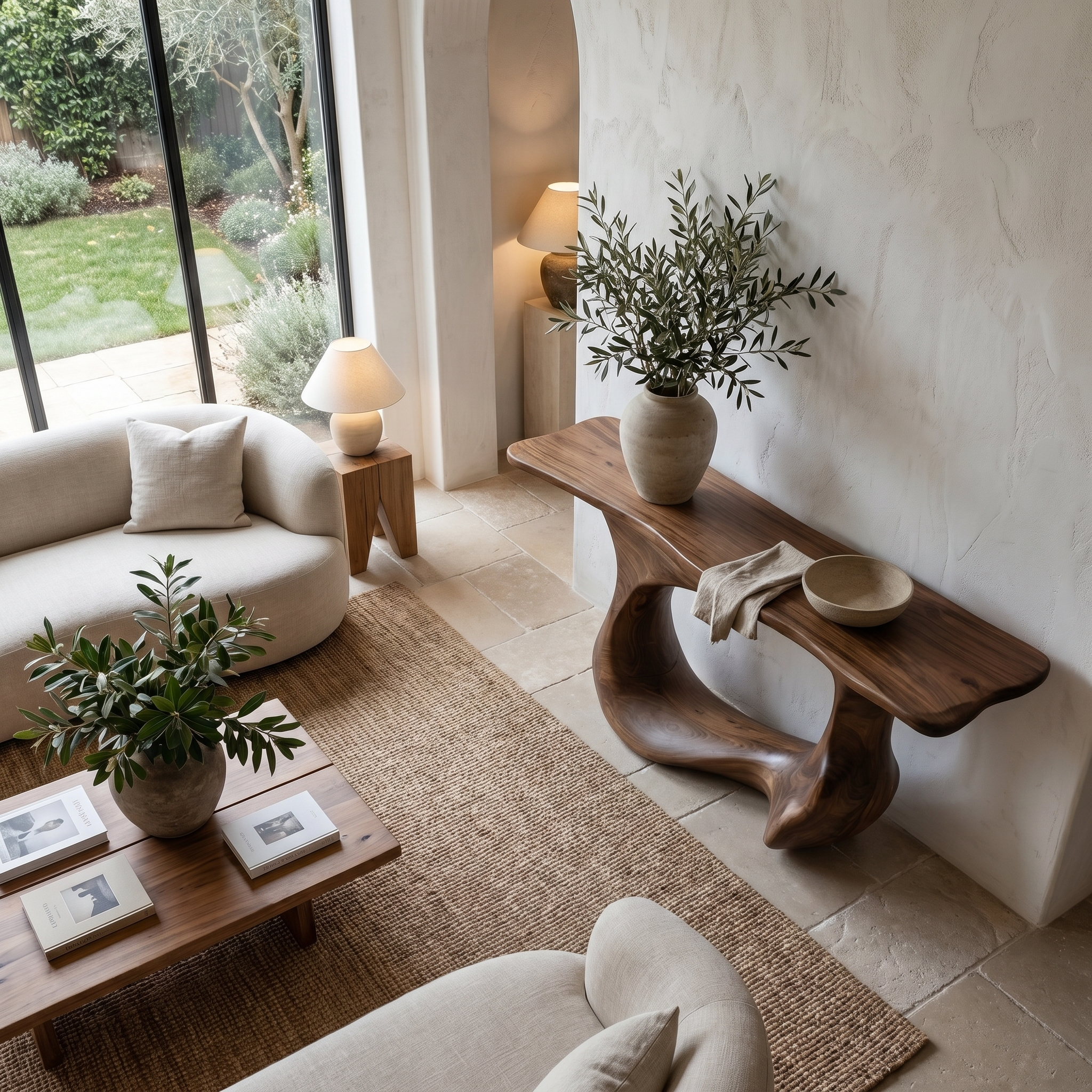 Contemporary Console Table With Artistic Open Loop Solid Wood Base For Living Room