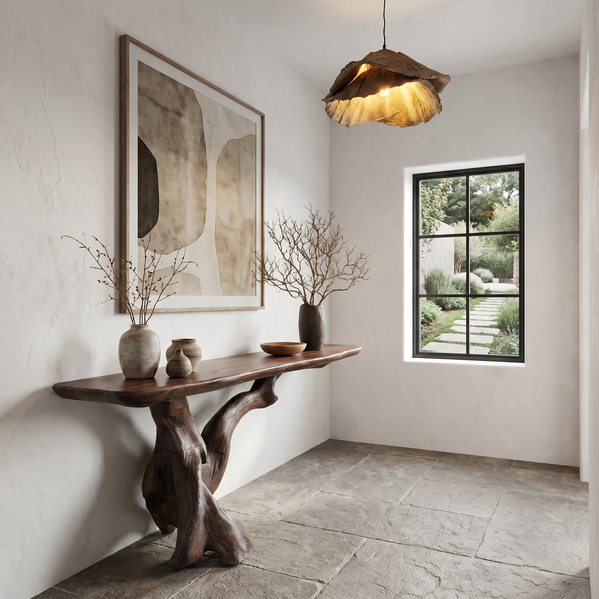 Organic Console Table With Sculptural Open Ring Wood Base For Entryway And Living Room