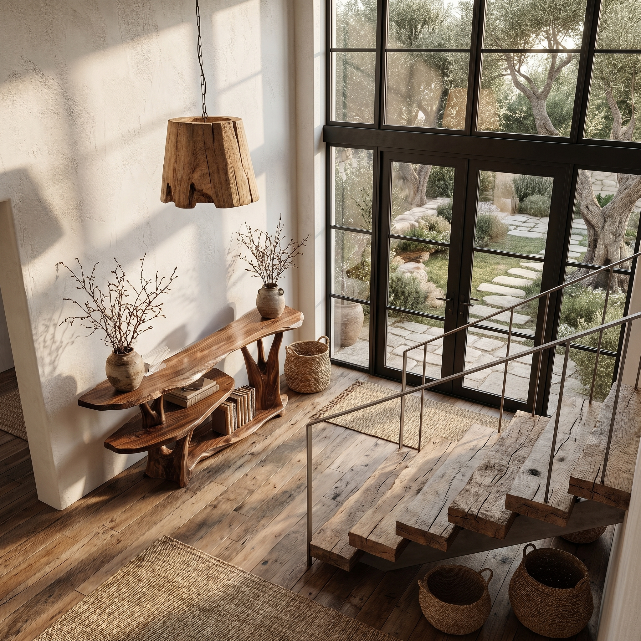 Organic Console Table With Sculptural Tree Root Base And Open Shelf Storage For Entryway And Living Room