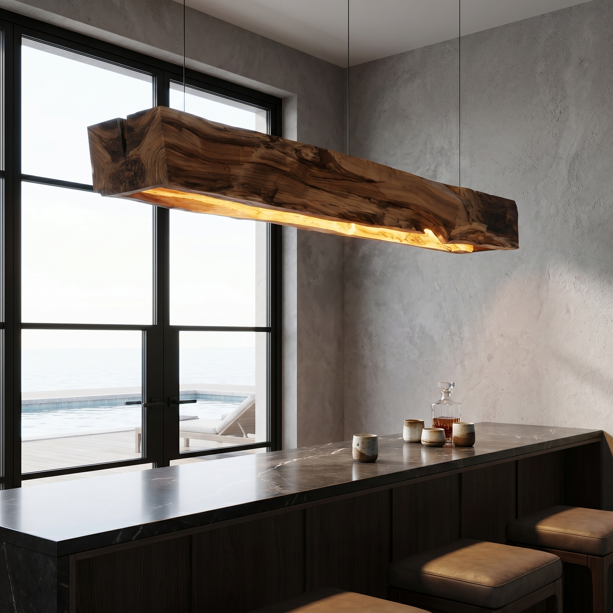 Organic Modern Pendant Light With Sculptural Wood Beam For Living Room And Kitchen