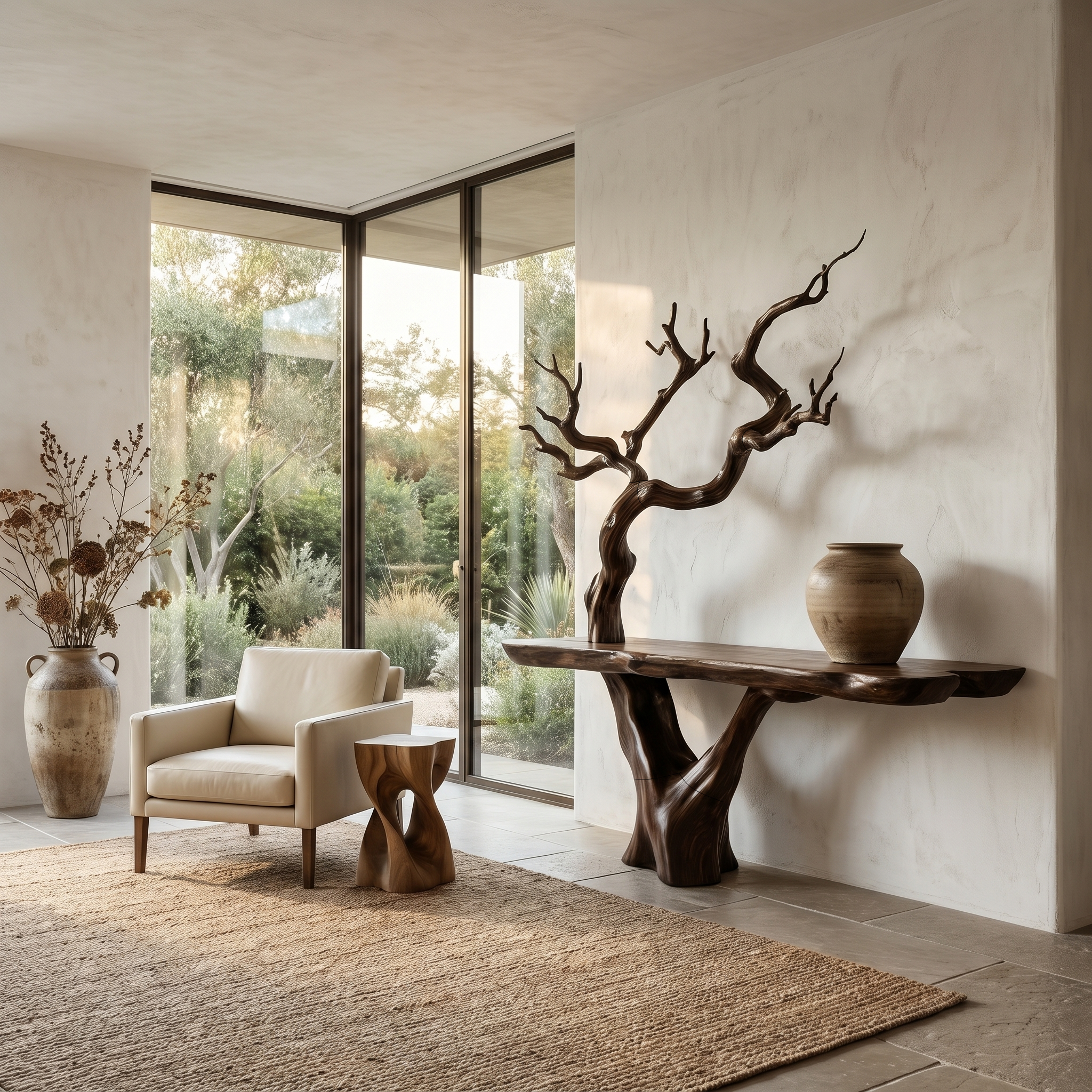 Rustic Console Table With Sculptural Tree Branch Base And Live Edge Wood Top For Entryway And Living Room