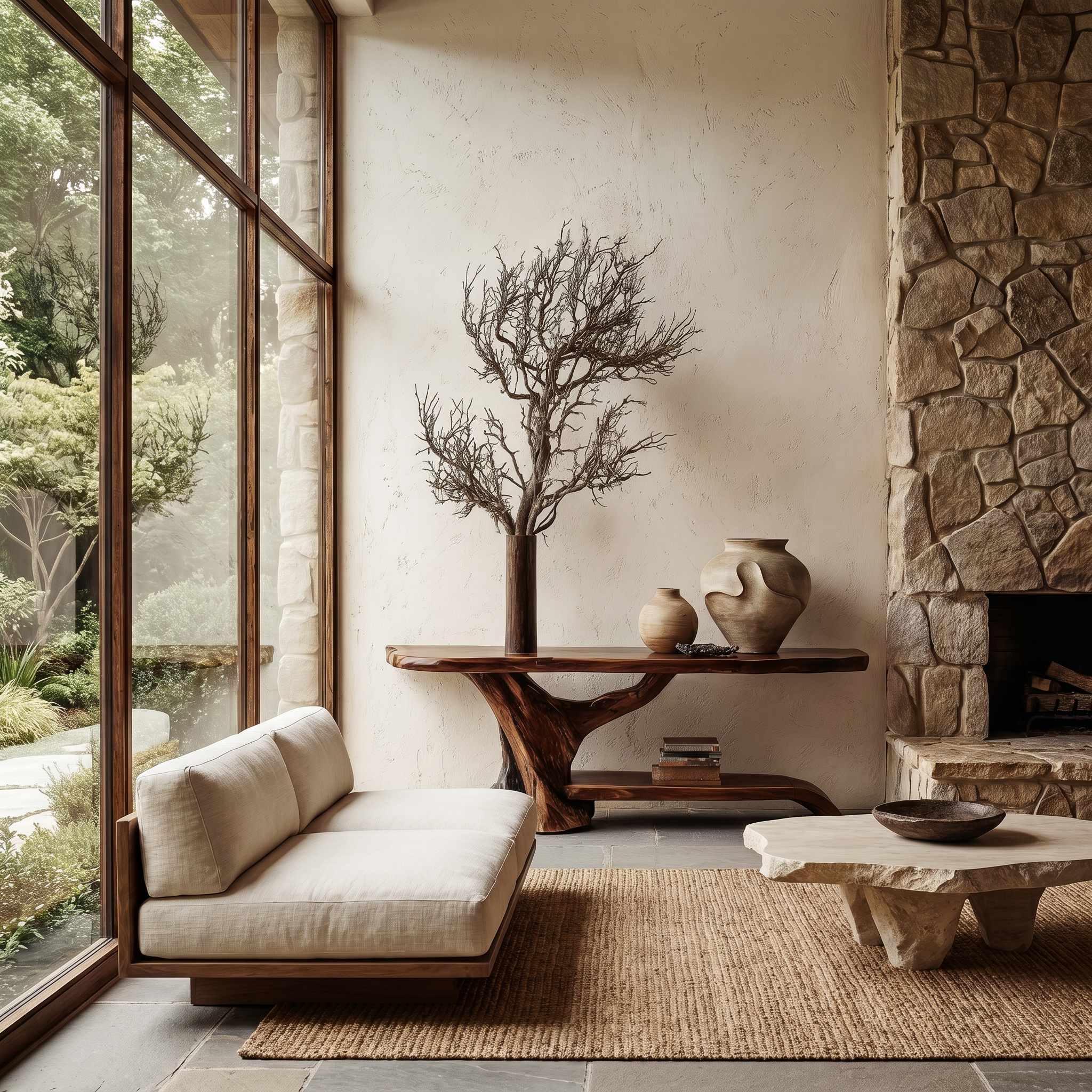 Rustic Live Edge Console Table With Natural Tree Form Base For Living Room