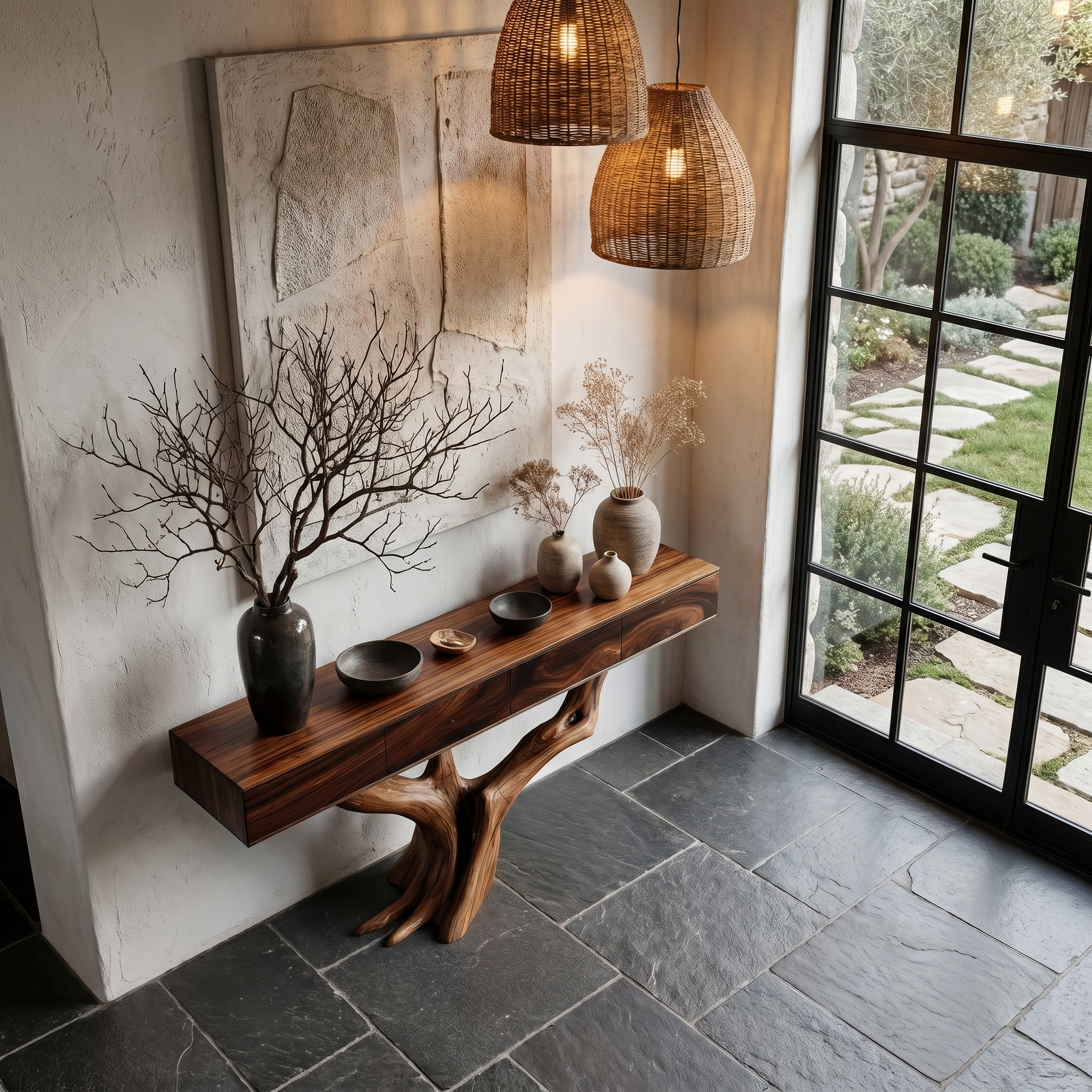 Rustic Live Edge Console Table With Sculptural Tree Branch Base For Entryway And Living Room