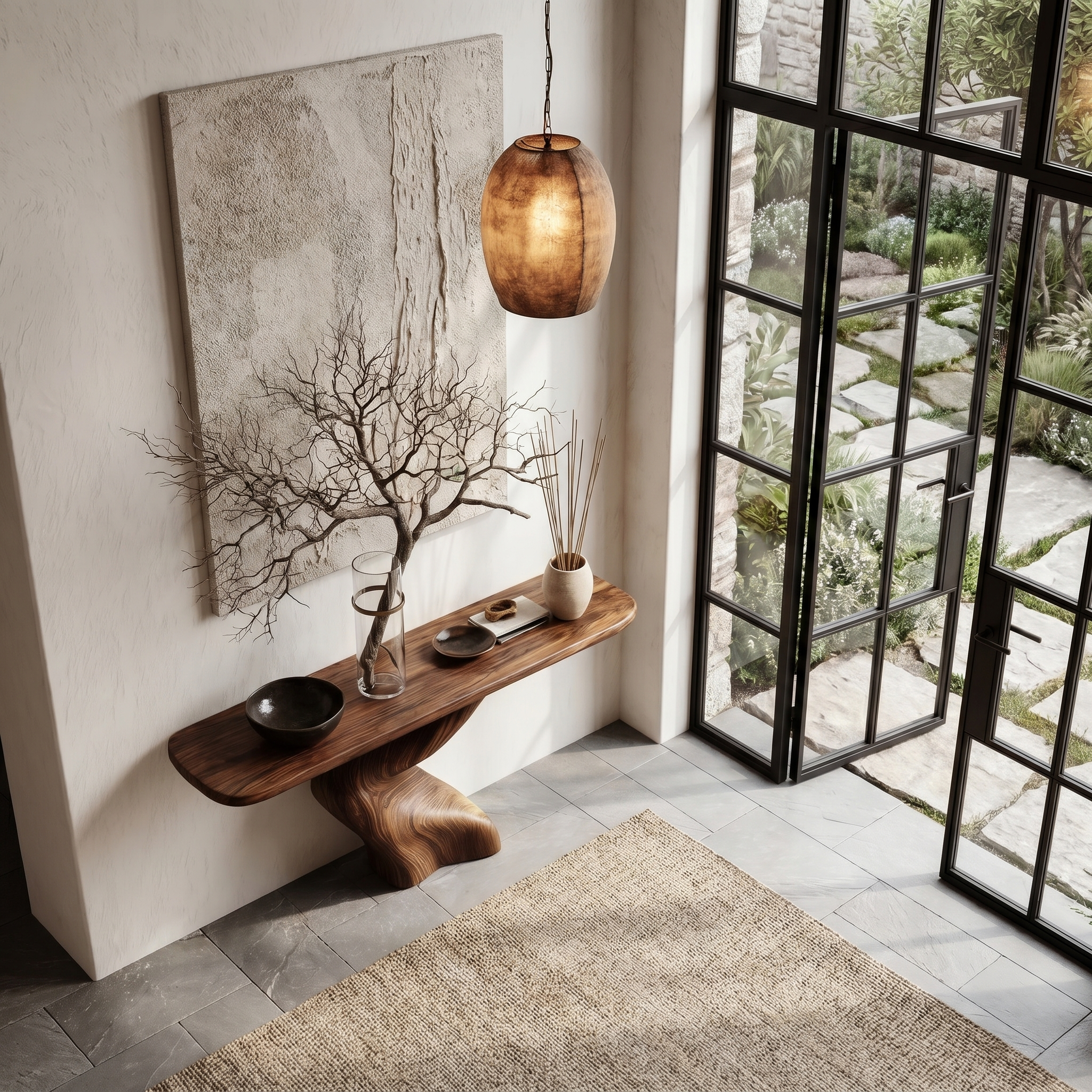 Organic Console Table With Sculptural Twisted Solid Wood Base For Entryway And Living Room