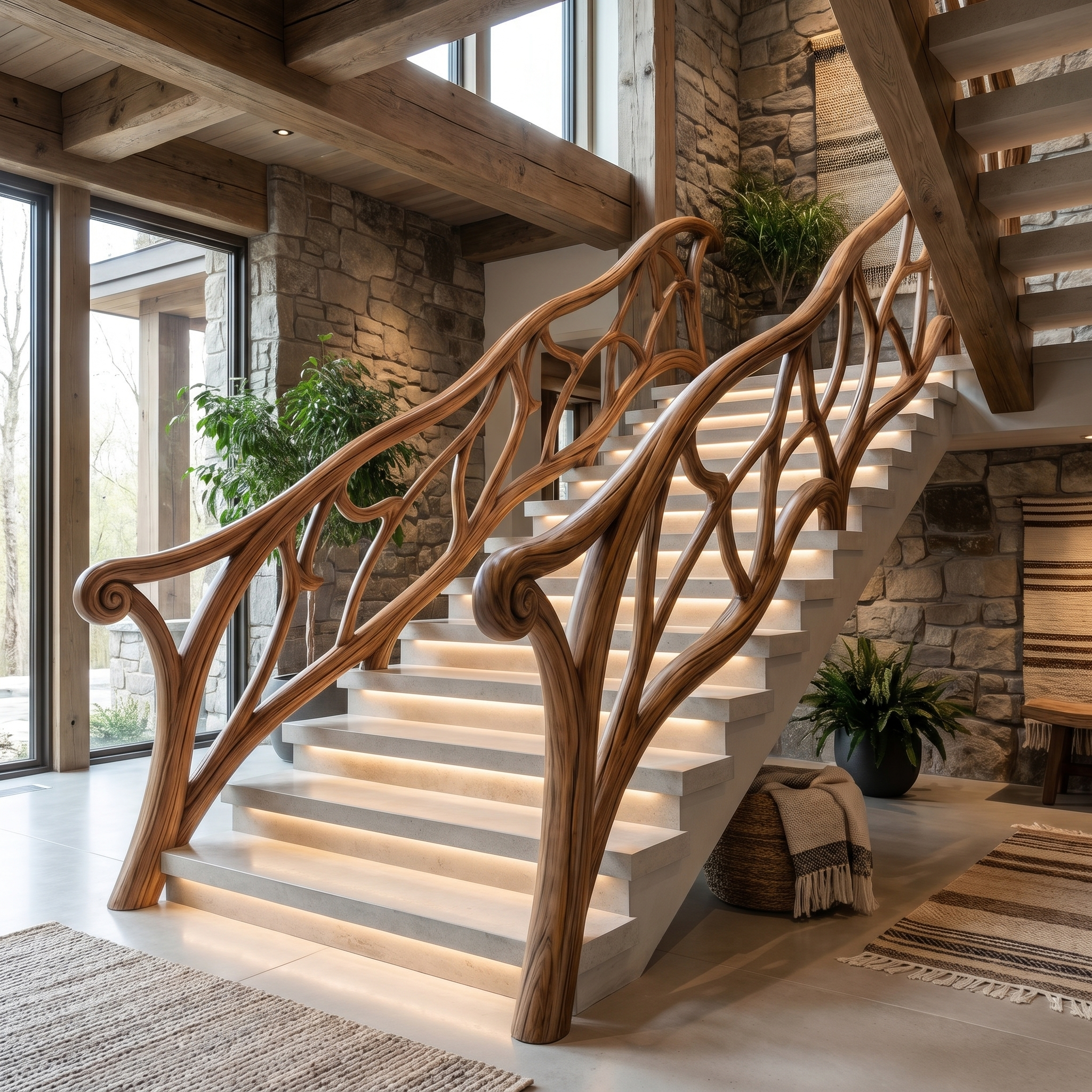 Artistic Tree Branch Stair Railing With Sculptural Wood Design For Interior Staircase
