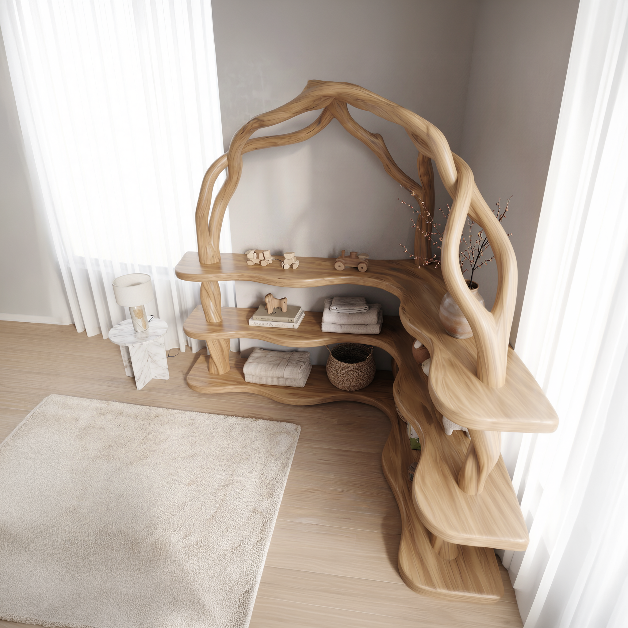 Organic Corner Bookcase With Natural Branch Frame Design For Living Room And Bedroom