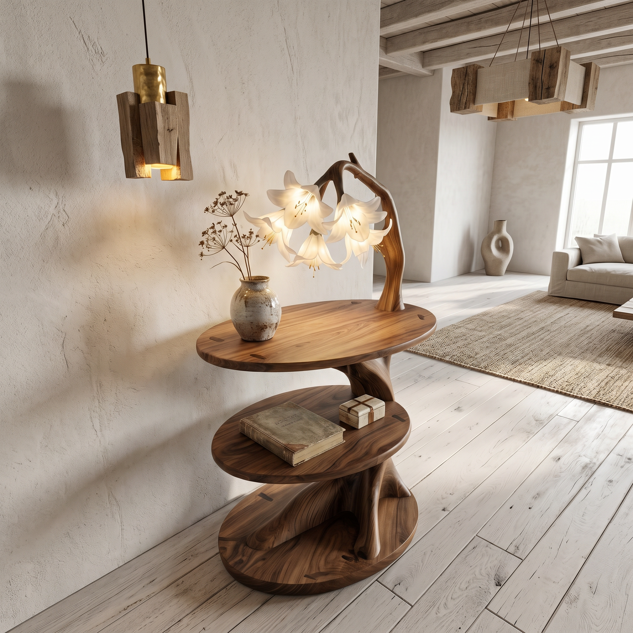 Rustic Side Table With Flower Shade Lamp For Bedroom And Living Room