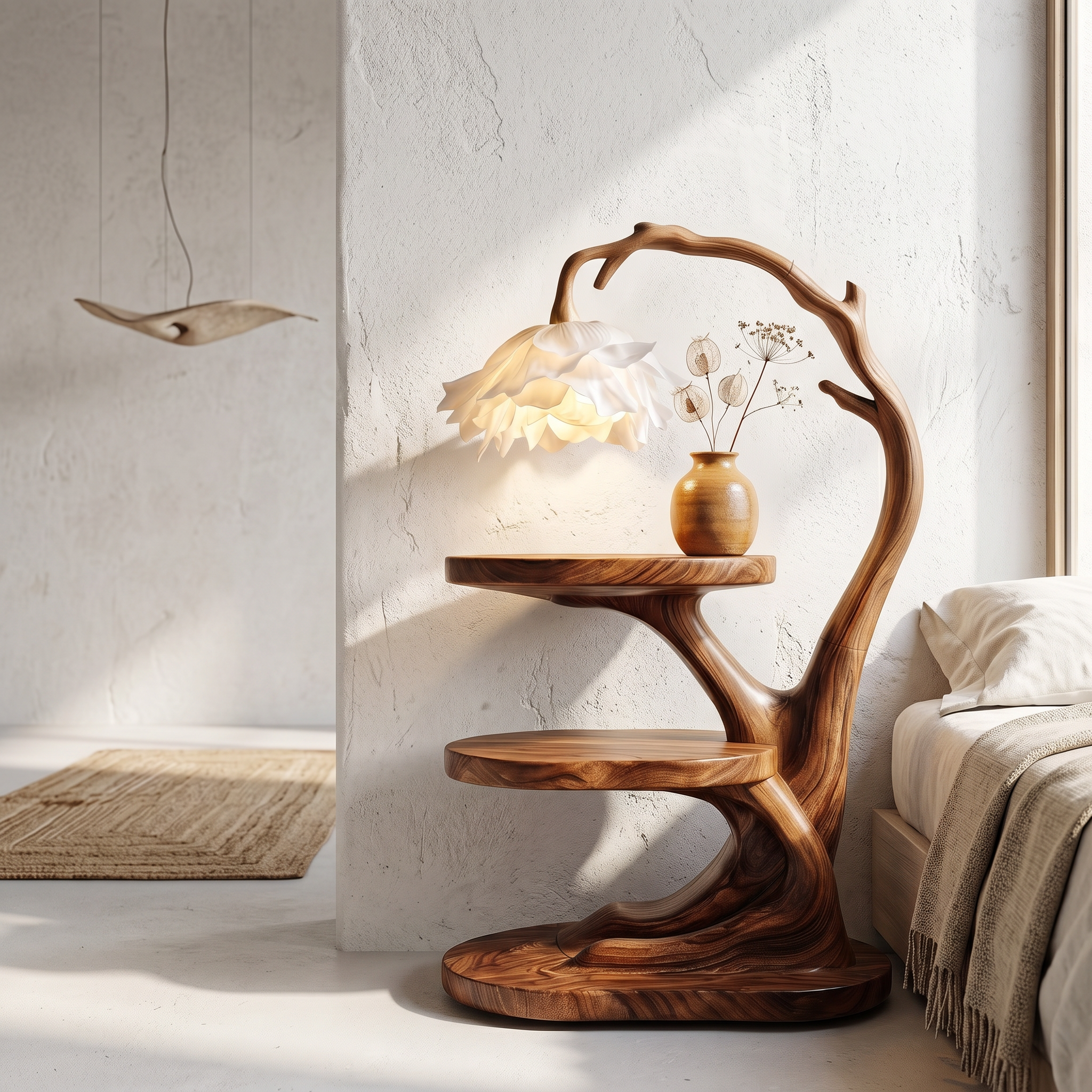 Organic Bedside Table With Sculptural Flower Lamp For Bedroom And Reading Nook