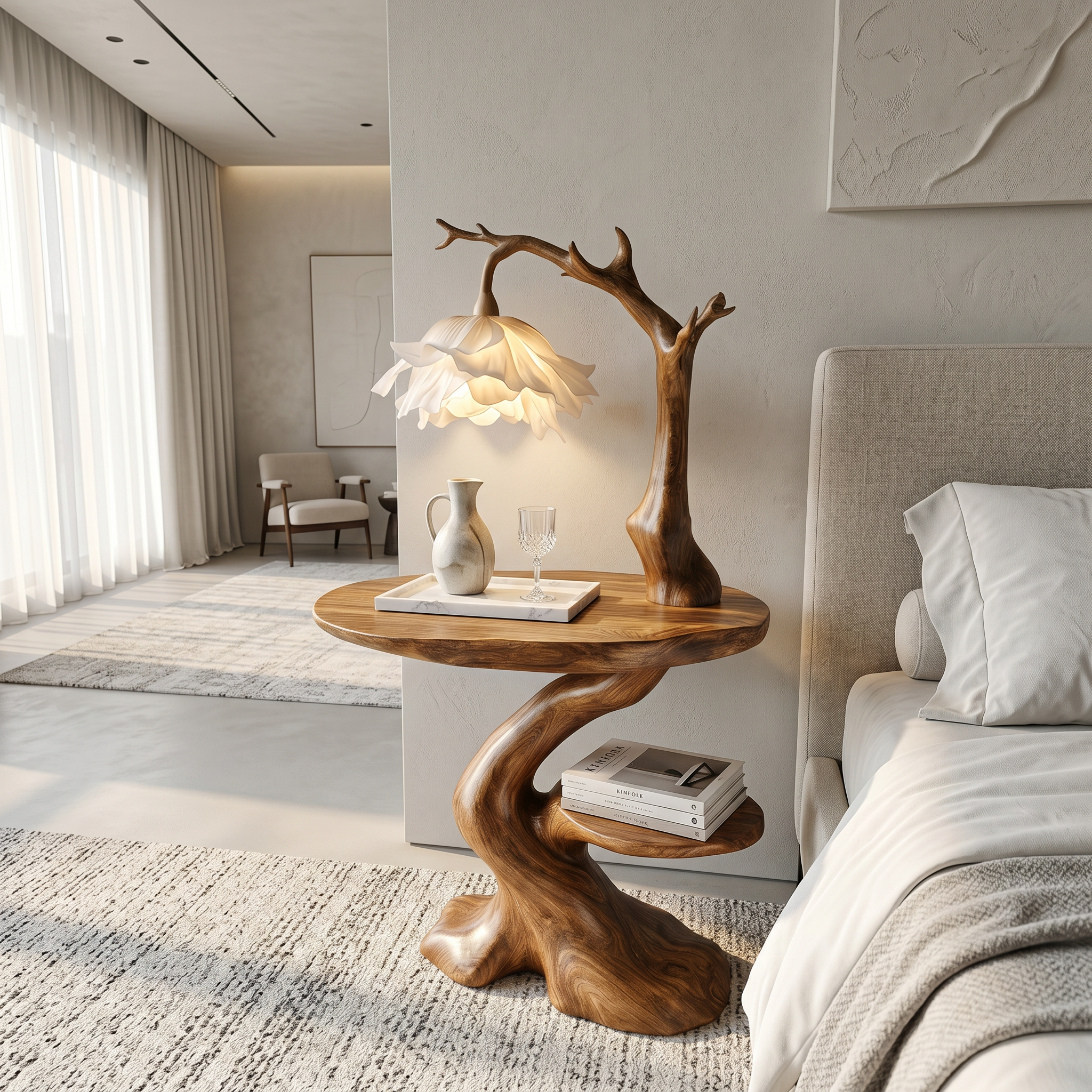 Modern End Table With Tree Branch Lamp Design For Bedroom And Living Room