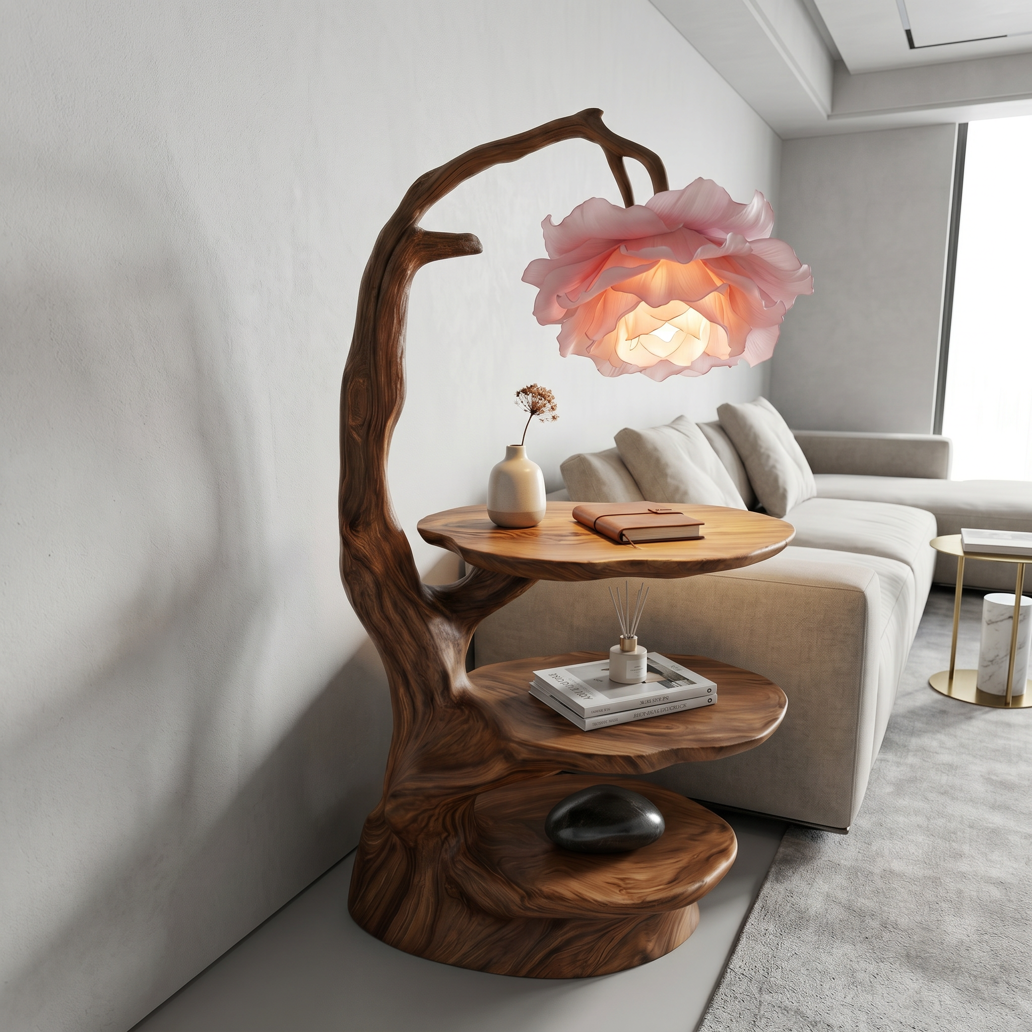 Natural End Table With Tree Branch Form And Flower Lamp For Bedroom And Reading Nook