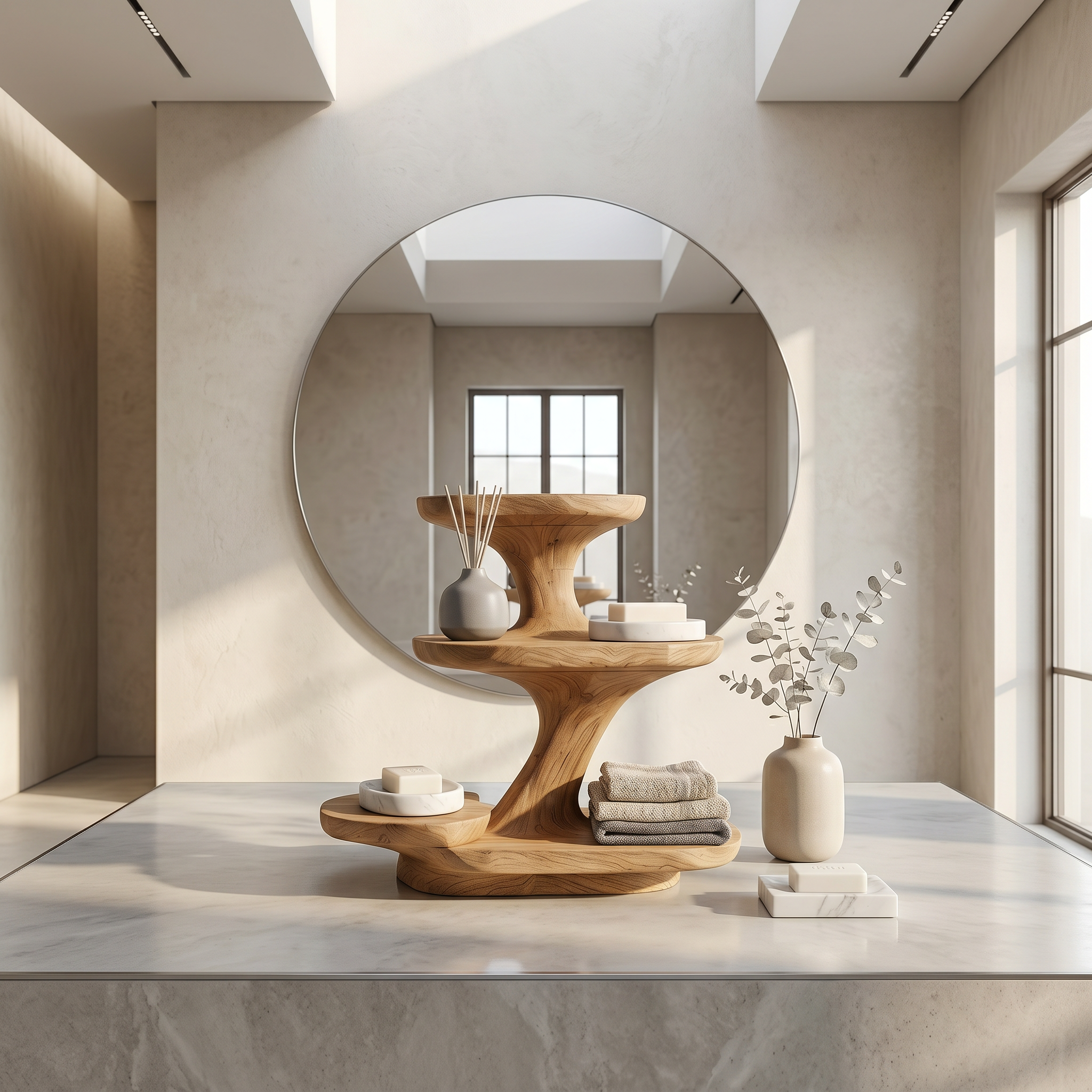 Organic Modern Bathroom Vanity Shelf With Sculptural Tiered Storage For Bathroom