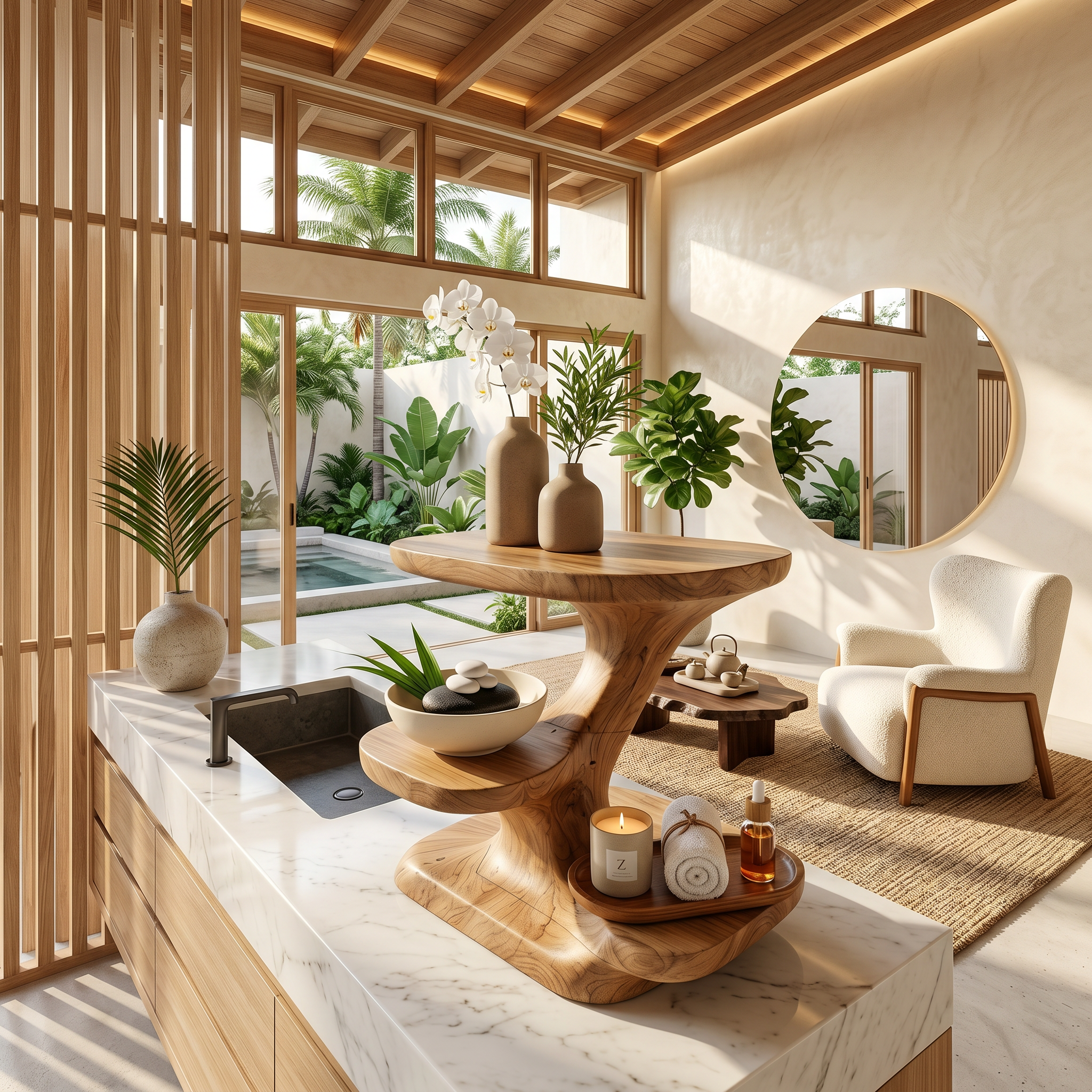 Modern Organic Bathroom Vanity Organizer With Tiered Wood Shelves For Bathroom