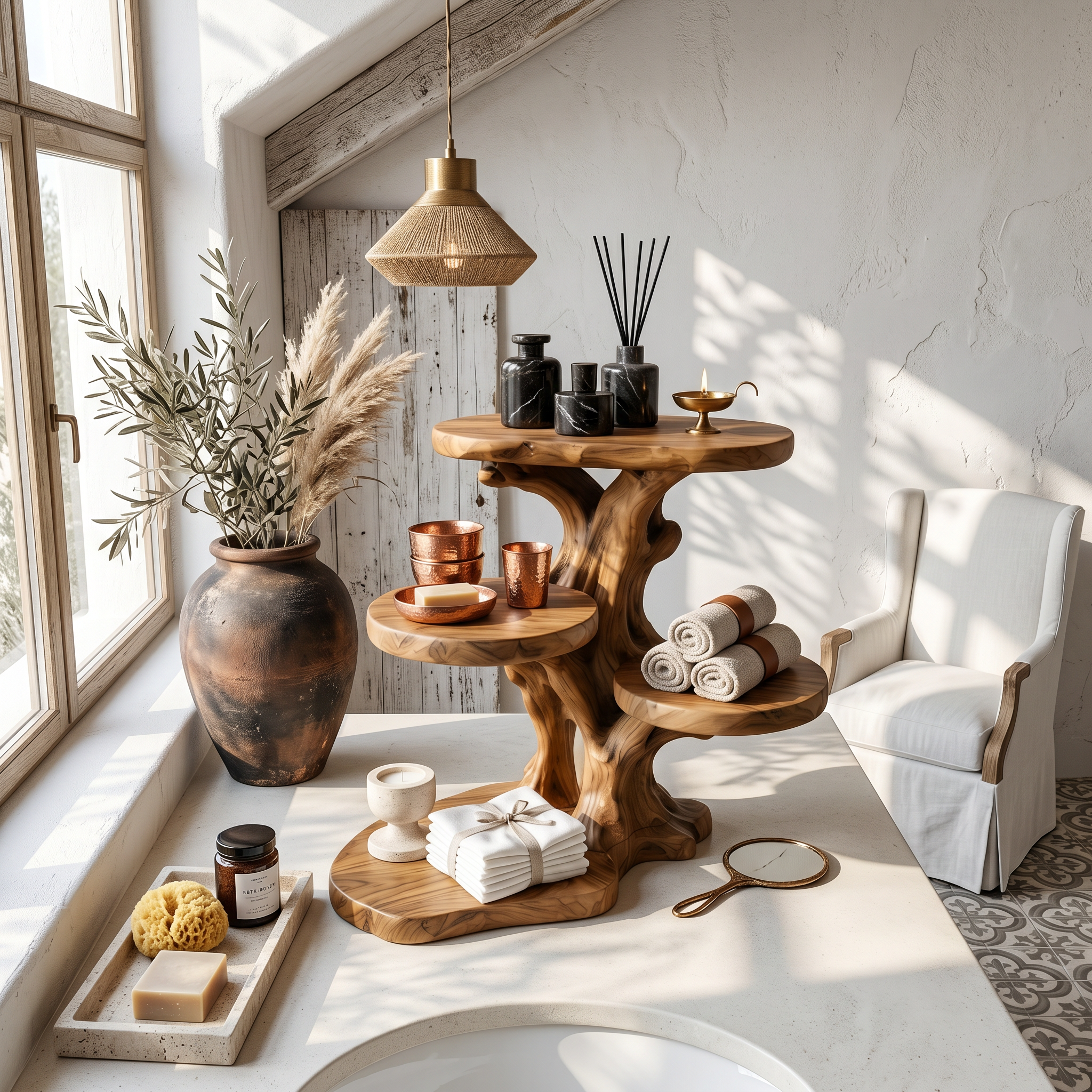 Rustic Tree Bathroom Organizer With Sculptural Display Shelves