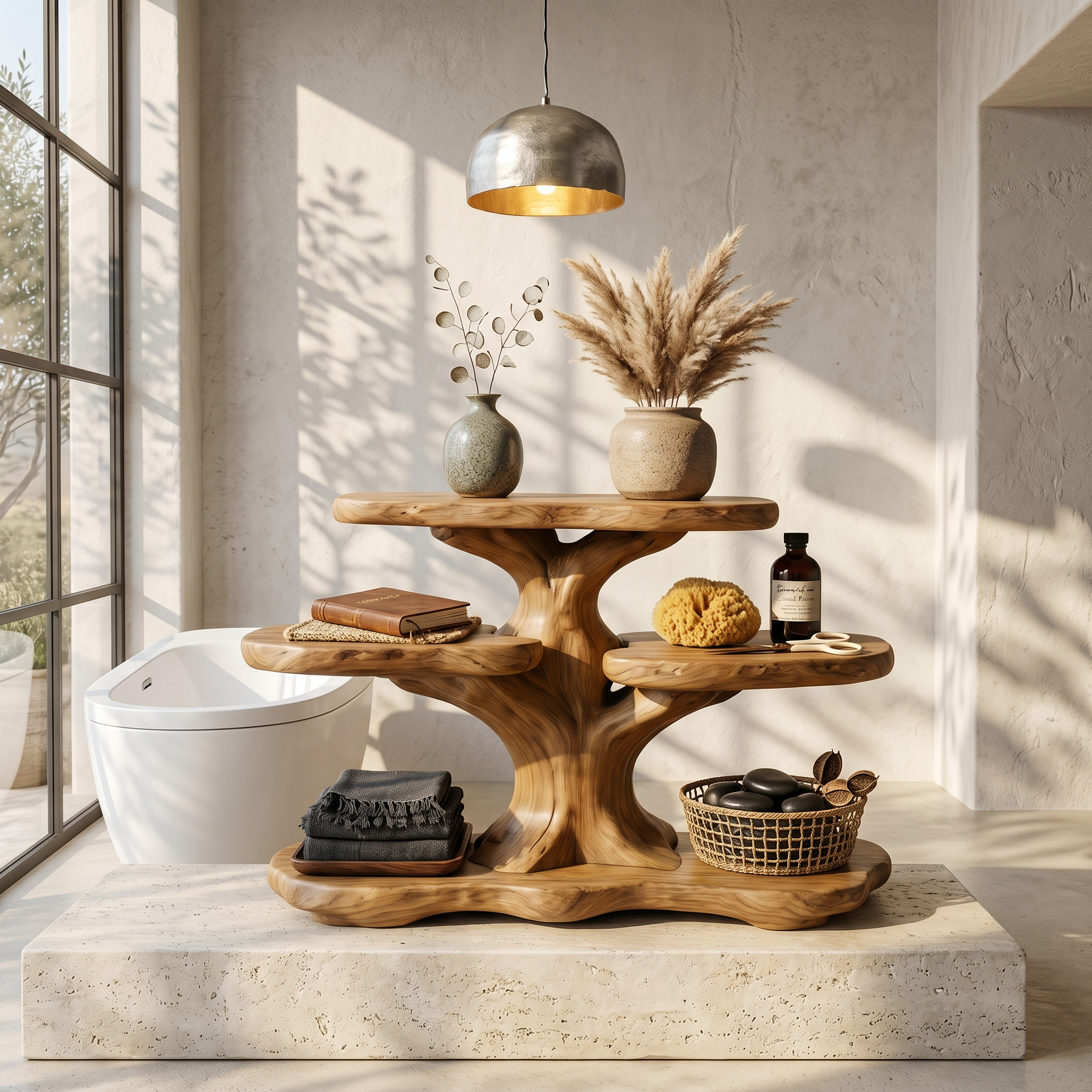 Contemporary Tree Bathroom Organizer With Floating Wood Shelves