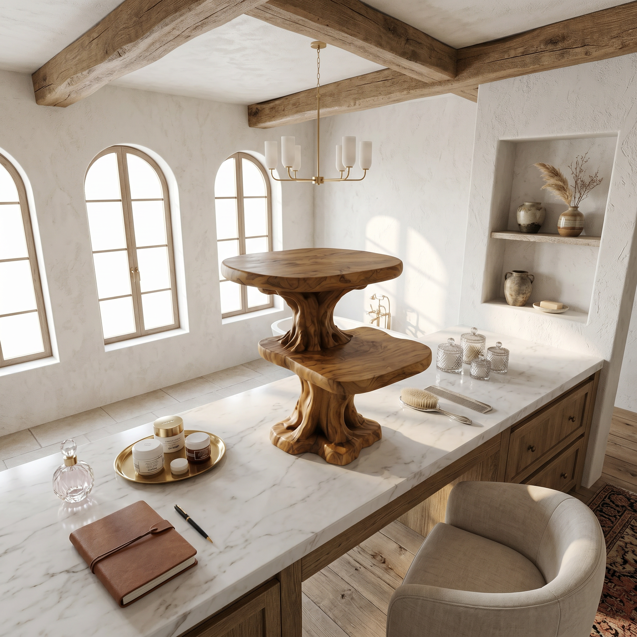 Rustic Tree Bathroom Organizer With Floating Display Shelves