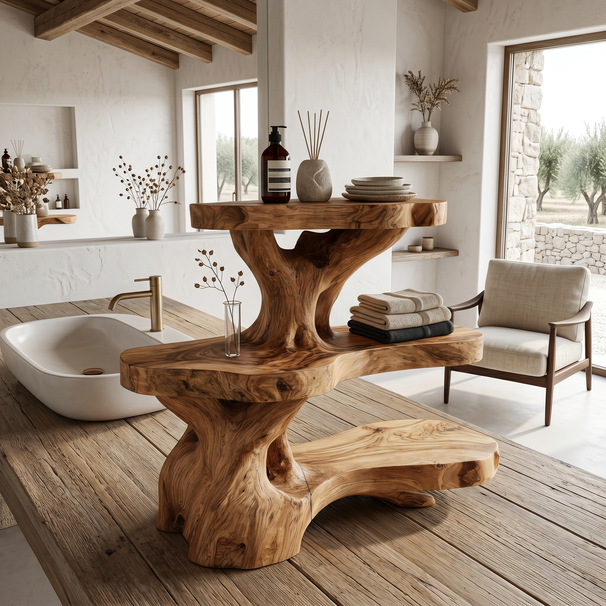 Nature Inspired Bathroom Shelf With Tree Branch Storage For Bathroom